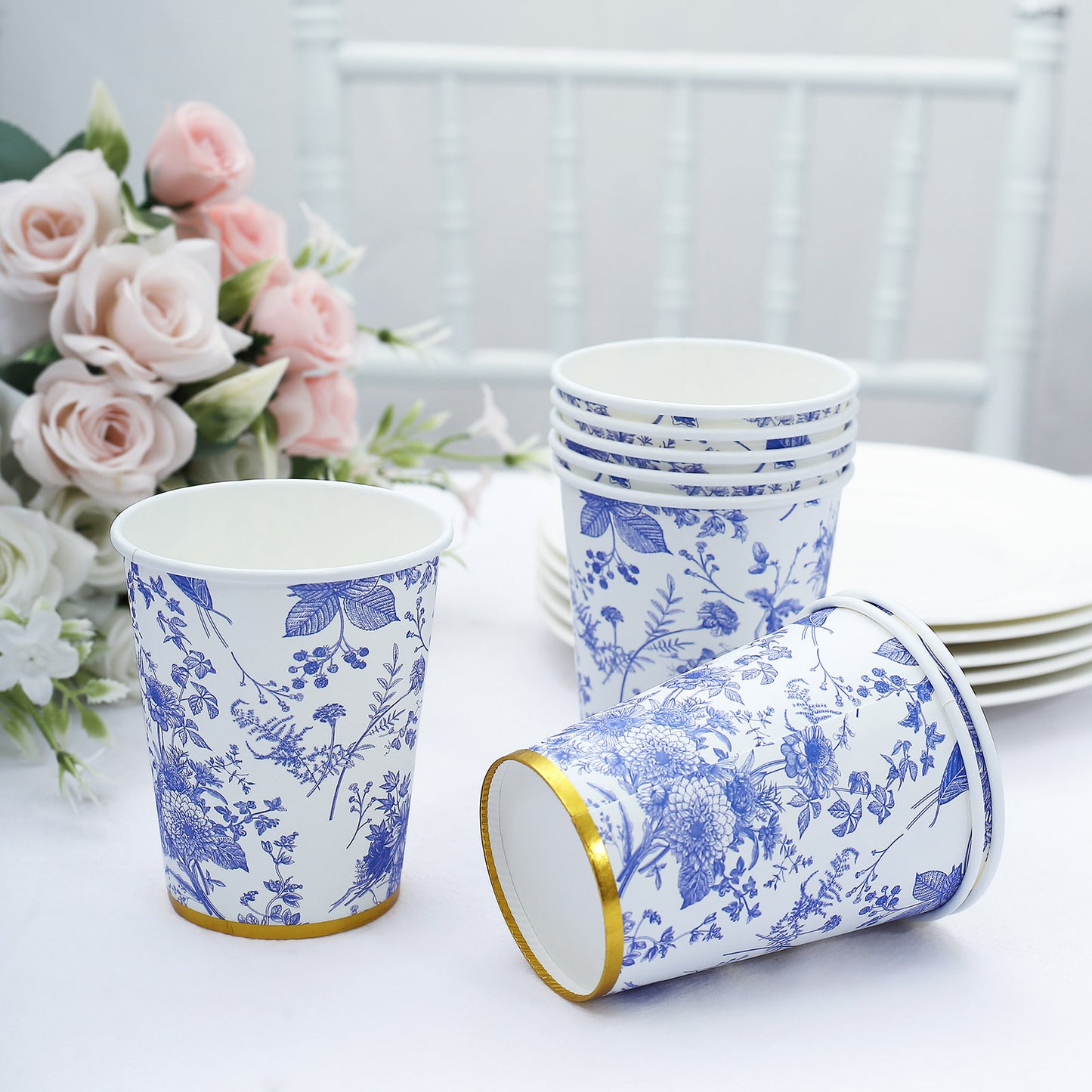 24 Pack White Light Blue French Toile Floral Party Cups with Gold Rim, Elegant Disposable Paper Cups - 9oz