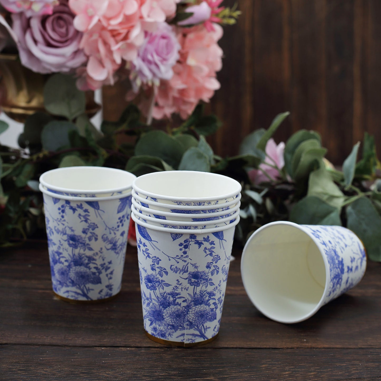 24 Pack White Light Blue French Toile Floral Party Cups with Gold Rim, Elegant Disposable Paper Cups - 9oz