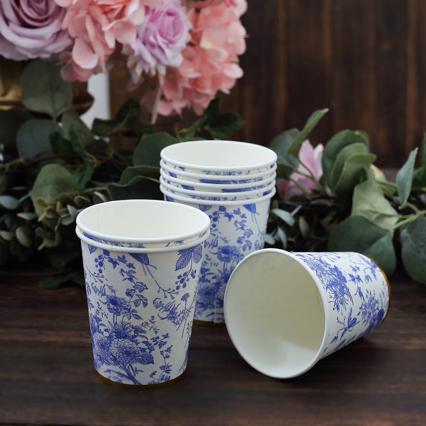 24 Pack White Light Blue French Toile Floral Party Cups with Gold Rim, Elegant Disposable Paper Cups - 9oz