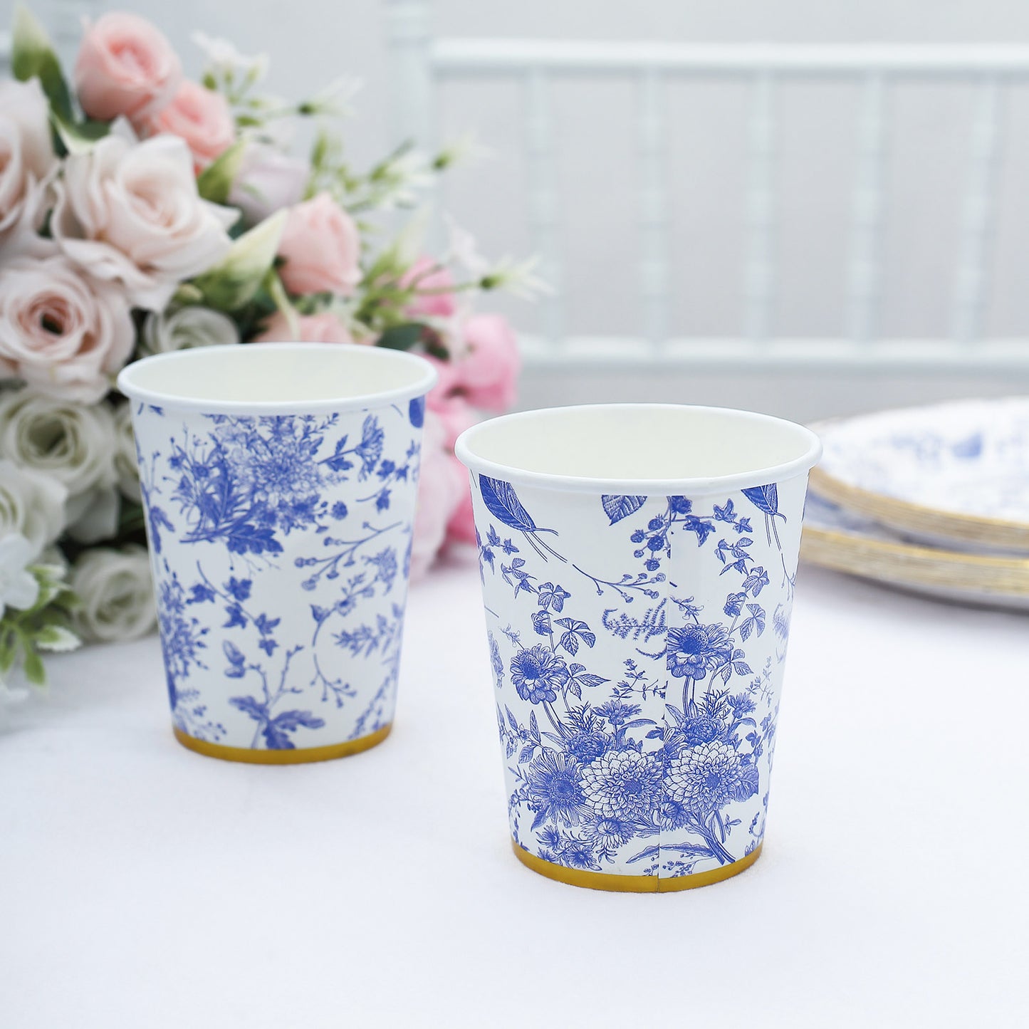 24 Pack White Light Blue French Toile Floral Party Cups with Gold Rim, Elegant Disposable Paper Cups - 9oz