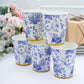 24 Pack Disposable Paper Cups in White Light Blue French Toile Pattern with Gold Rim, Elegant Party Cups - 9oz