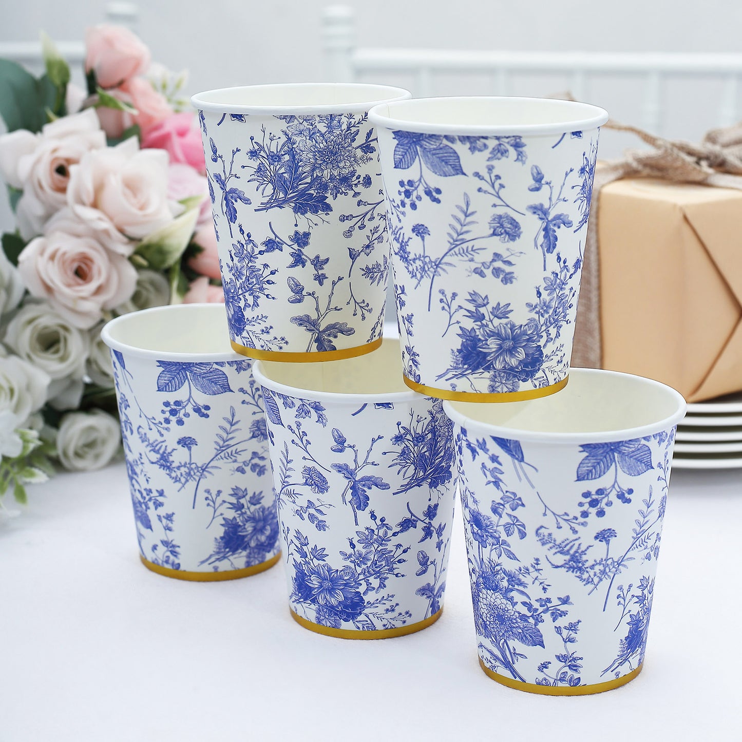 24 Pack White Light Blue French Toile Floral Party Cups with Gold Rim, Elegant Disposable Paper Cups - 9oz