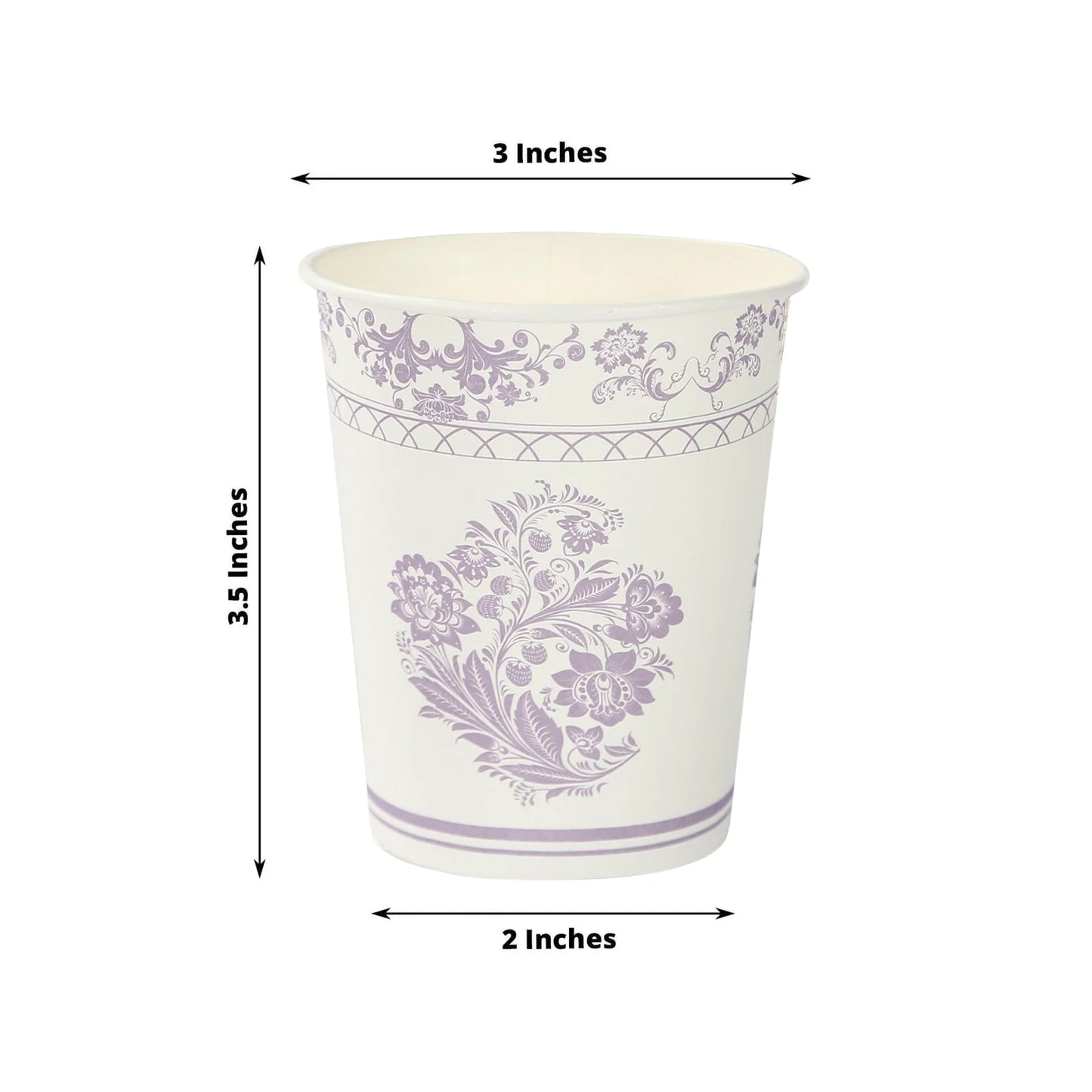 24 Pack Disposable Paper Cups in White Lavender Damask Floral Pattern, Elegant Party Cups - 9oz