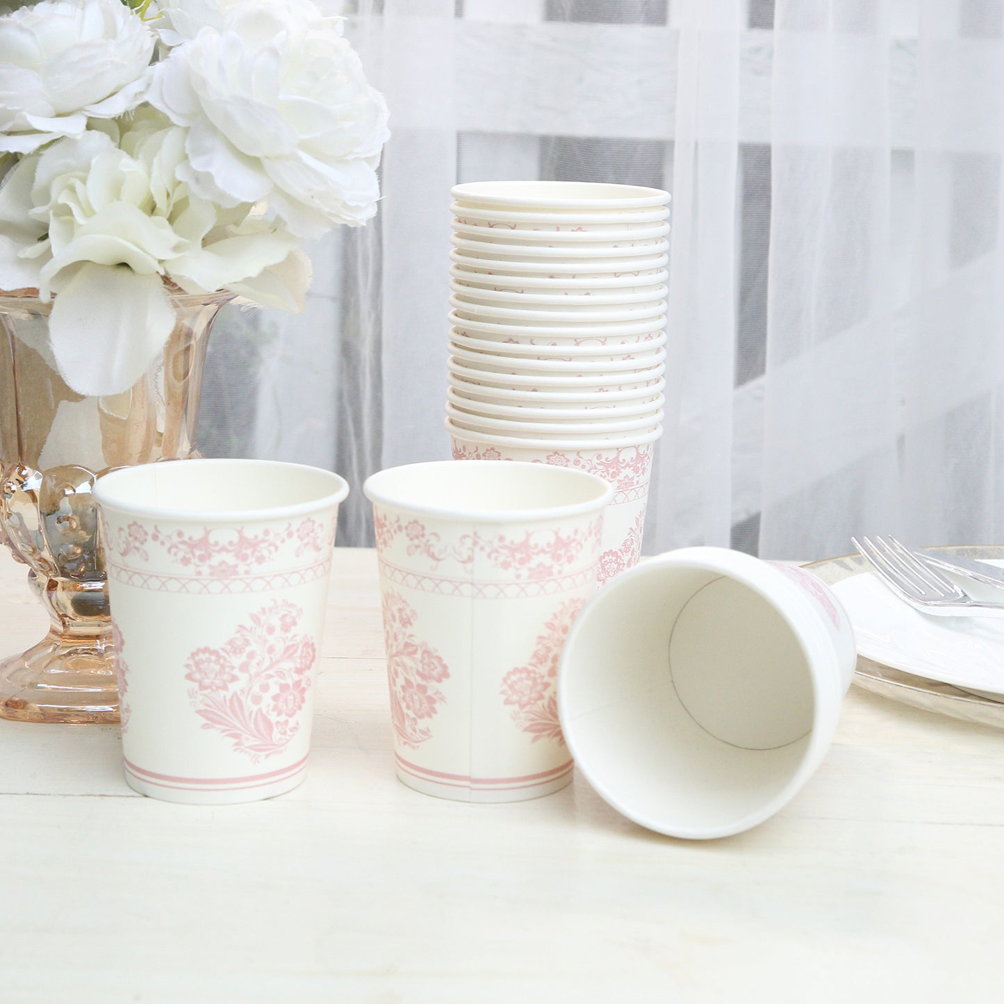 24 Pack White Pink French Toile Floral Paper Cups, 9oz Elegant Disposable Party Cups