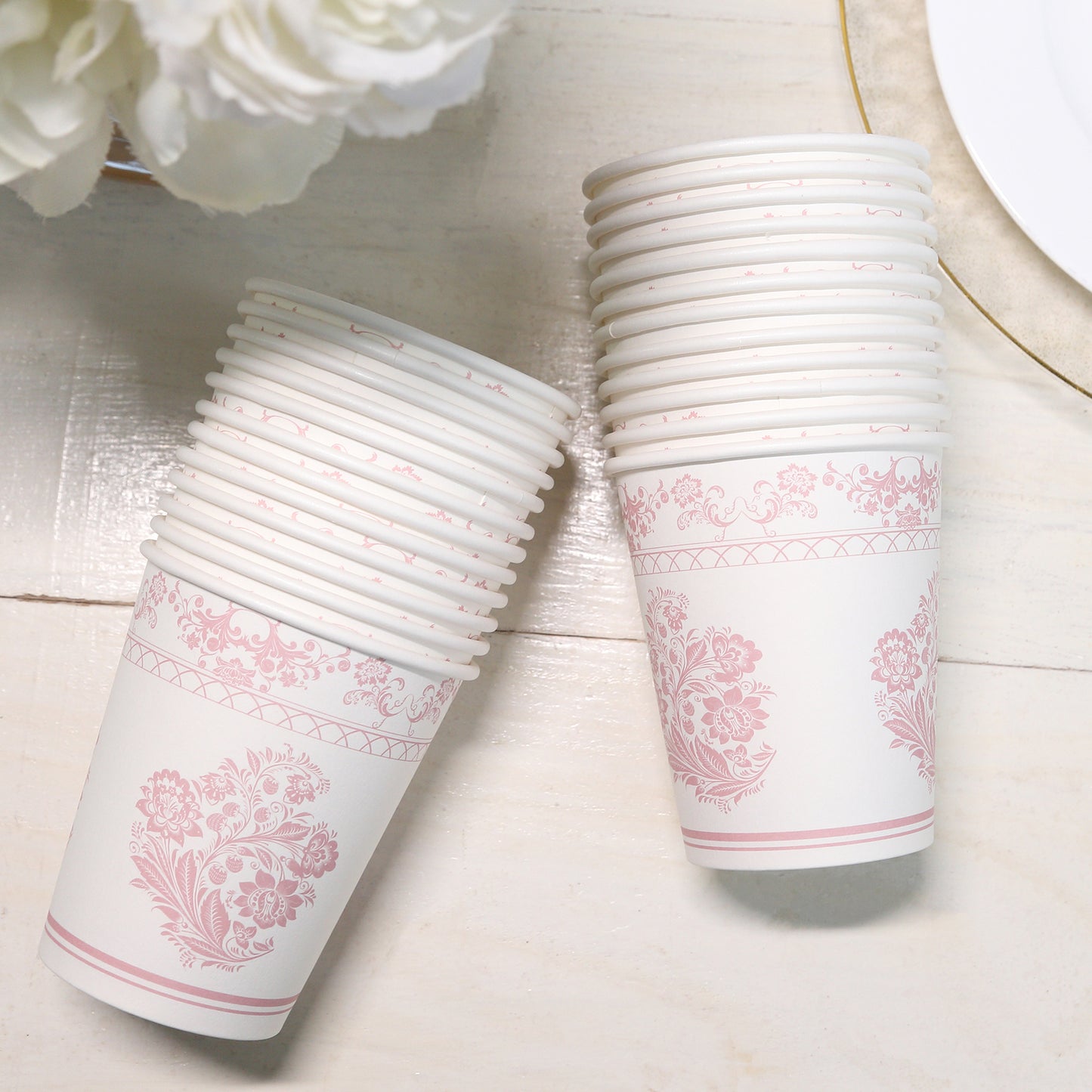 24 Pack White Pink French Toile Floral Paper Cups, 9oz Elegant Disposable Party Cups