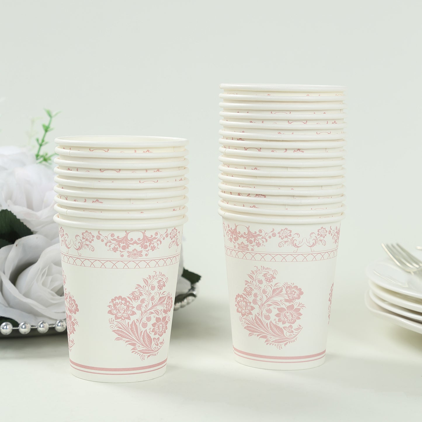 24 Pack White Pink French Toile Floral Paper Cups, 9oz Elegant Disposable Party Cups