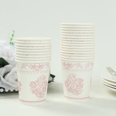 Charming White Pink Damask Floral Paper Cups