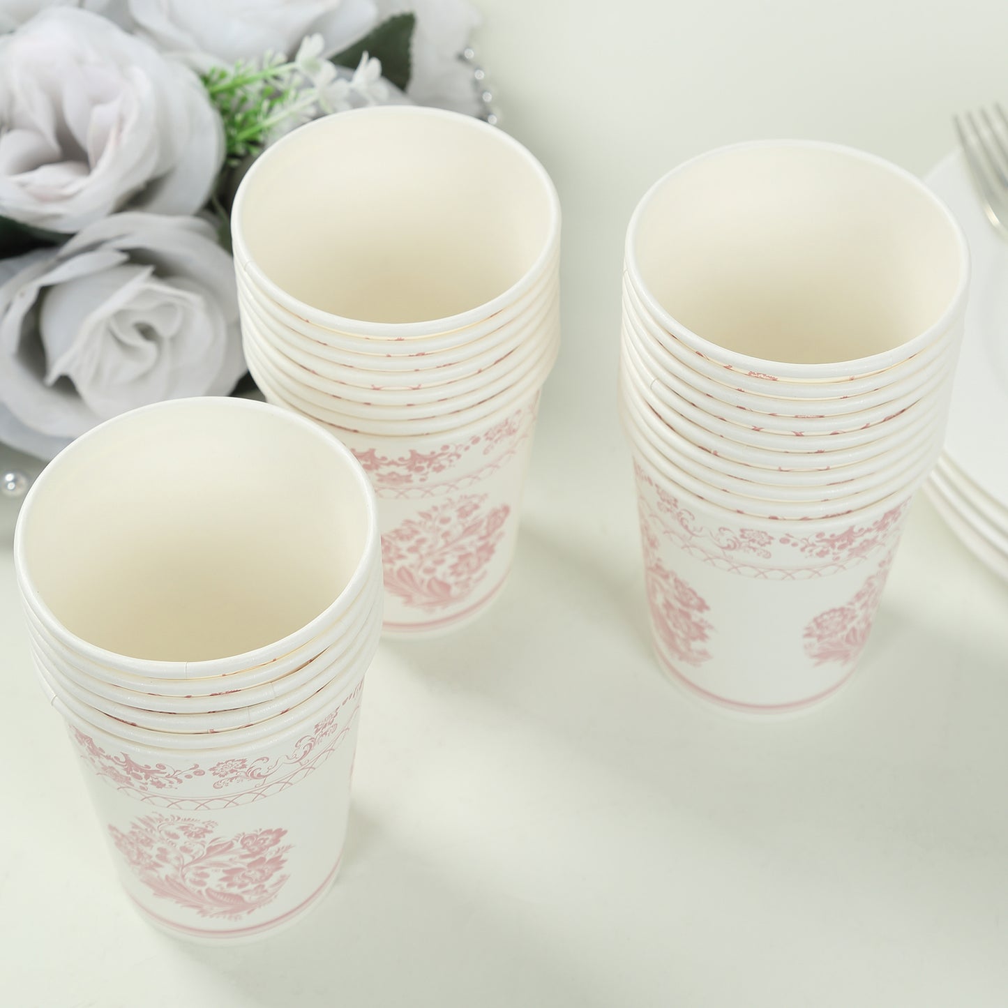 24 Pack White Pink French Toile Floral Paper Cups, 9oz Elegant Disposable Party Cups