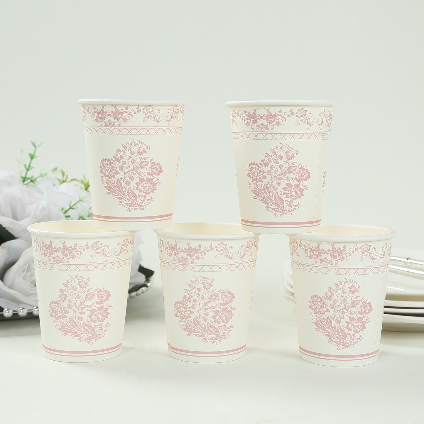 24 Pack White Pink French Toile Floral Paper Cups, 9oz Elegant Disposable Party Cups