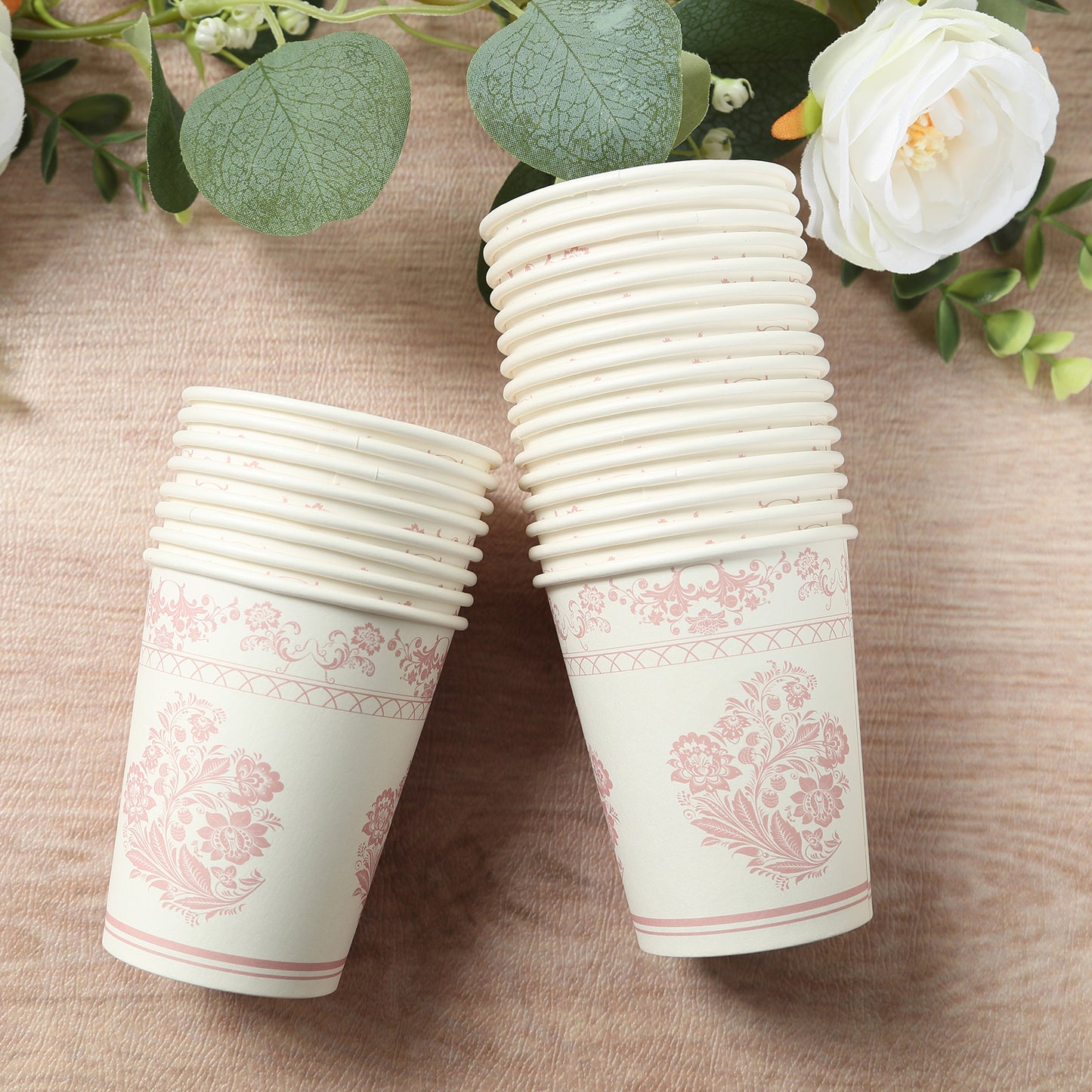 24 Pack White Pink French Toile Floral Paper Cups, 9oz Elegant Disposable Party Cups