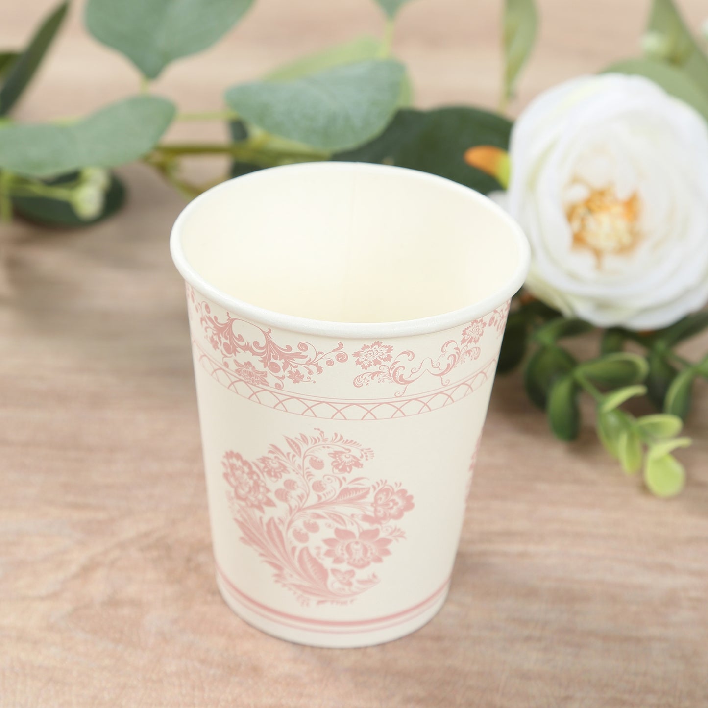 24 Pack White Pink French Toile Floral Paper Cups, 9oz Elegant Disposable Party Cups