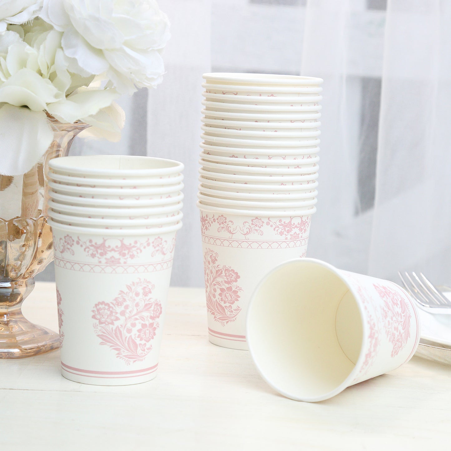 24 Pack White Pink French Toile Floral Paper Cups, 9oz Elegant Disposable Party Cups