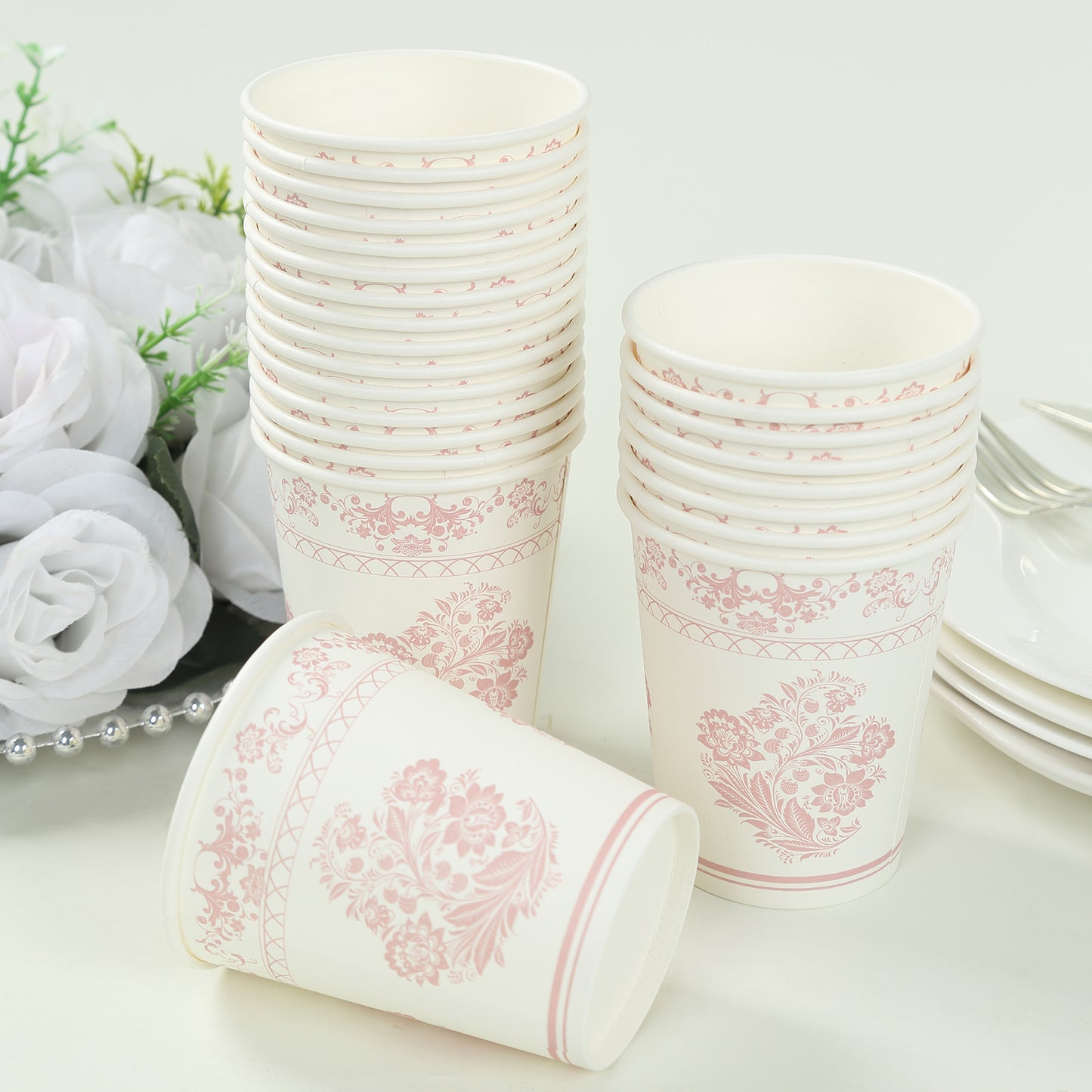 24 Pack White Pink French Toile Floral Paper Cups, 9oz Elegant Disposable Party Cups