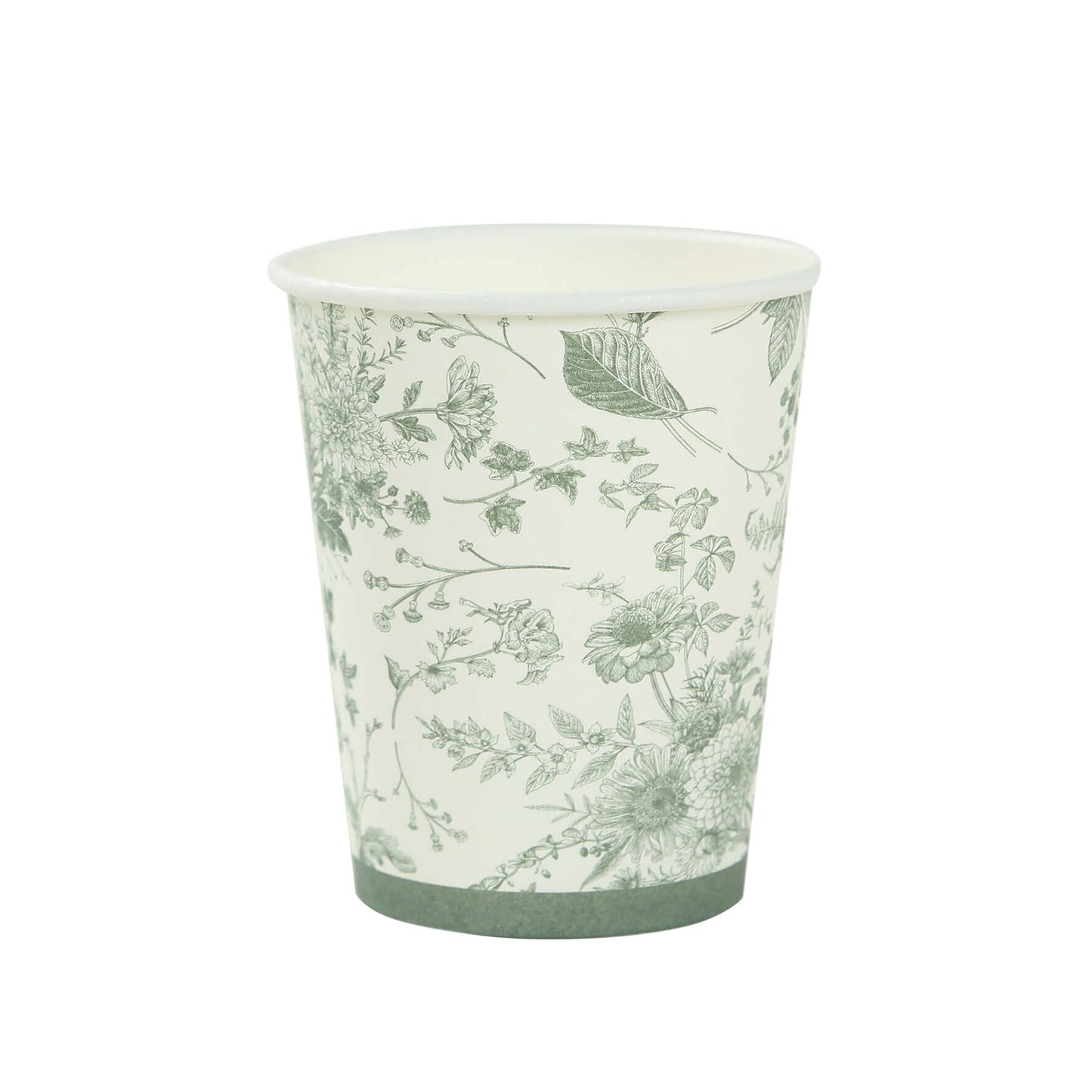 24 Pack White Sage Green French Toile Party Cups, Elegant Disposable Paper Cups - 9oz