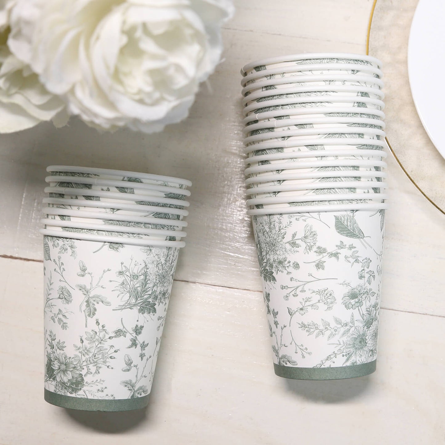 24 Pack White Sage Green French Toile Party Cups, Elegant Disposable Paper Cups - 9oz