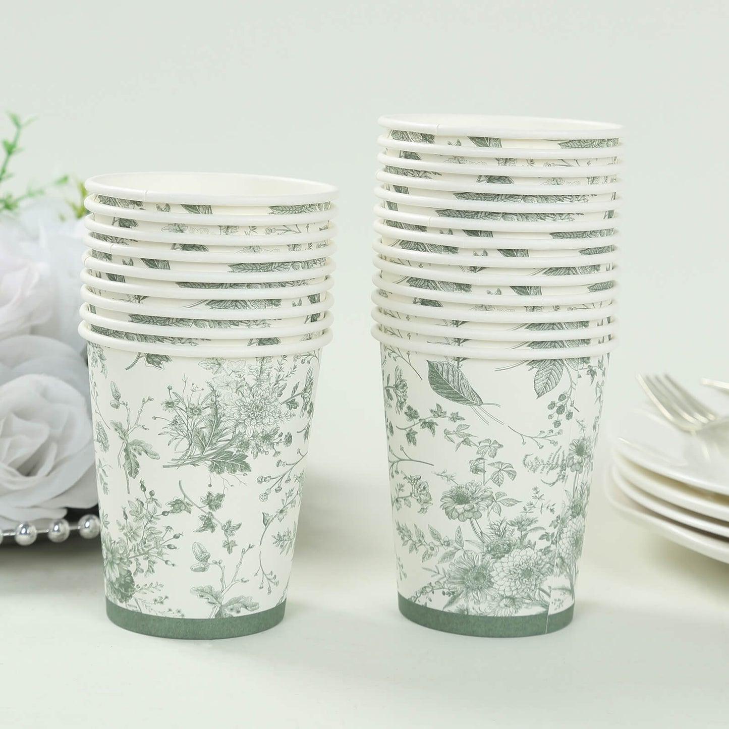 24 Pack White Sage Green French Toile Party Cups, Elegant Disposable Paper Cups - 9oz