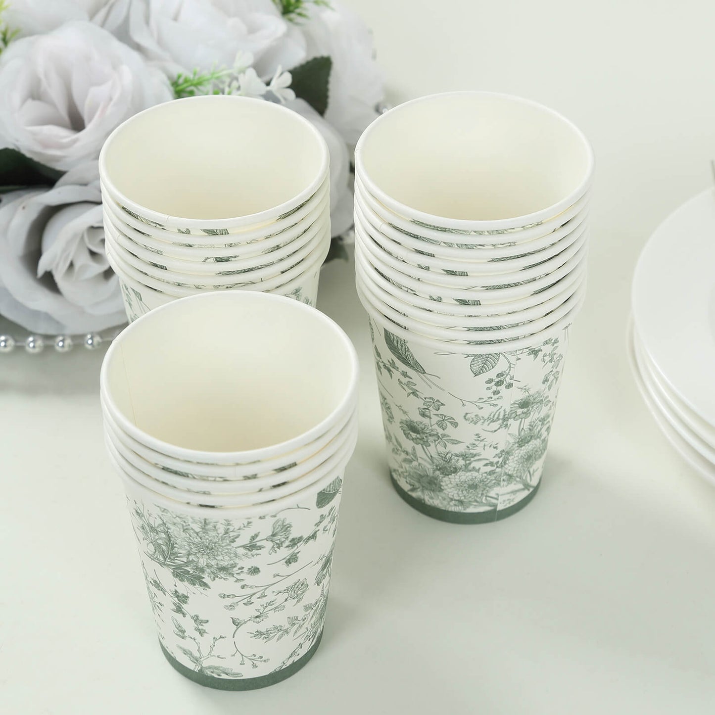 24 Pack White Sage Green French Toile Party Cups, Elegant Disposable Paper Cups - 9oz