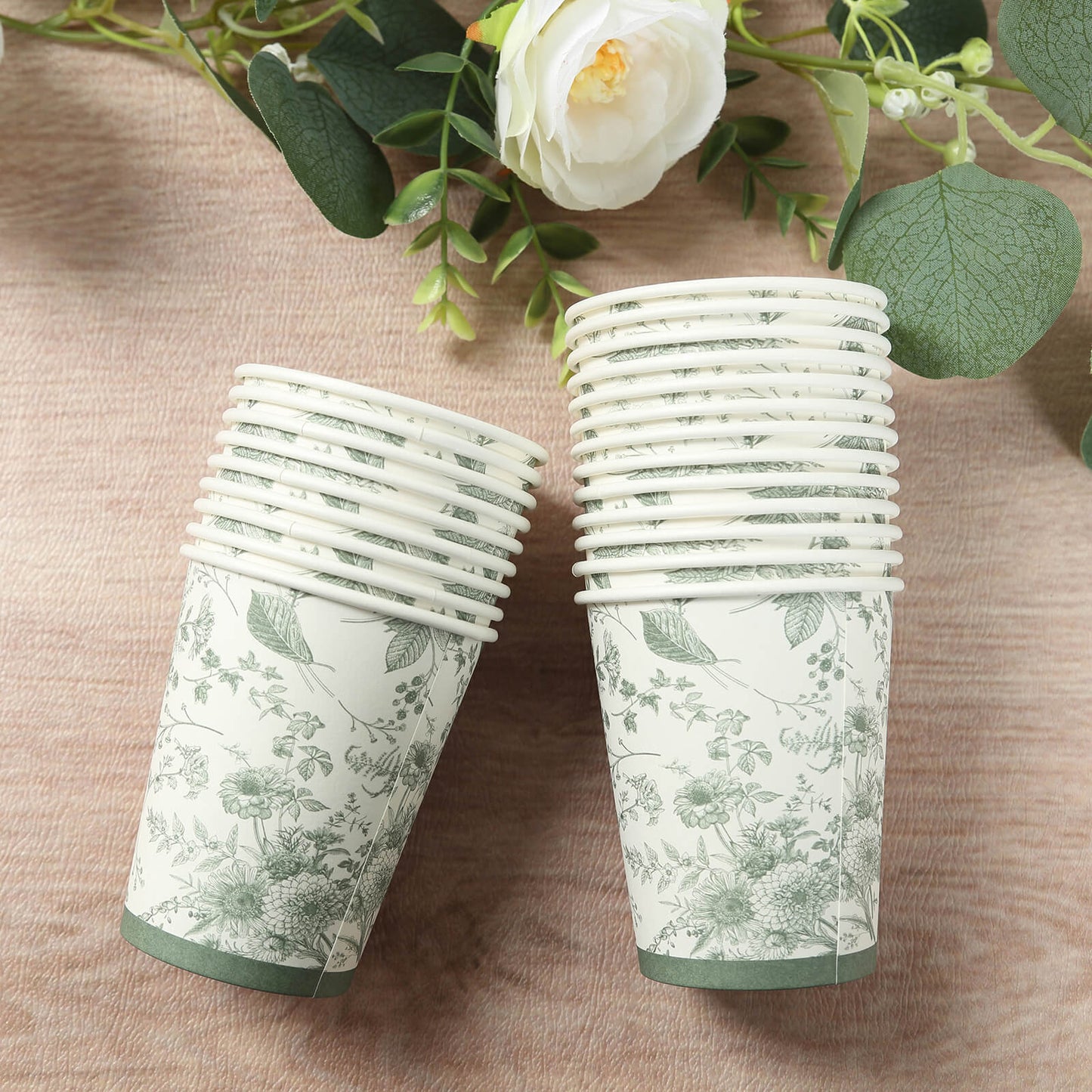 24 Pack White Sage Green French Toile Party Cups, Elegant Disposable Paper Cups - 9oz