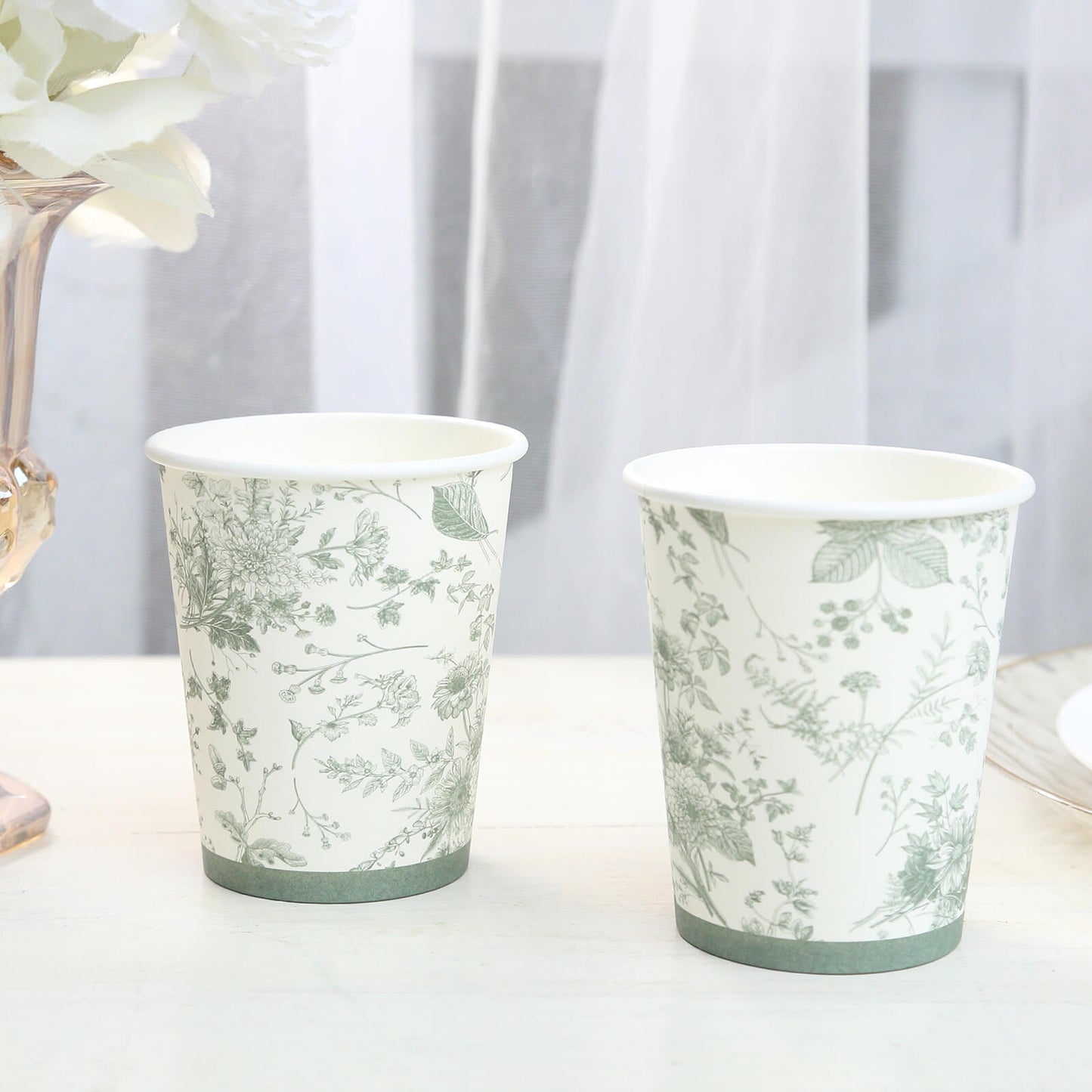 24 Pack White Sage Green French Toile Party Cups, Elegant Disposable Paper Cups - 9oz