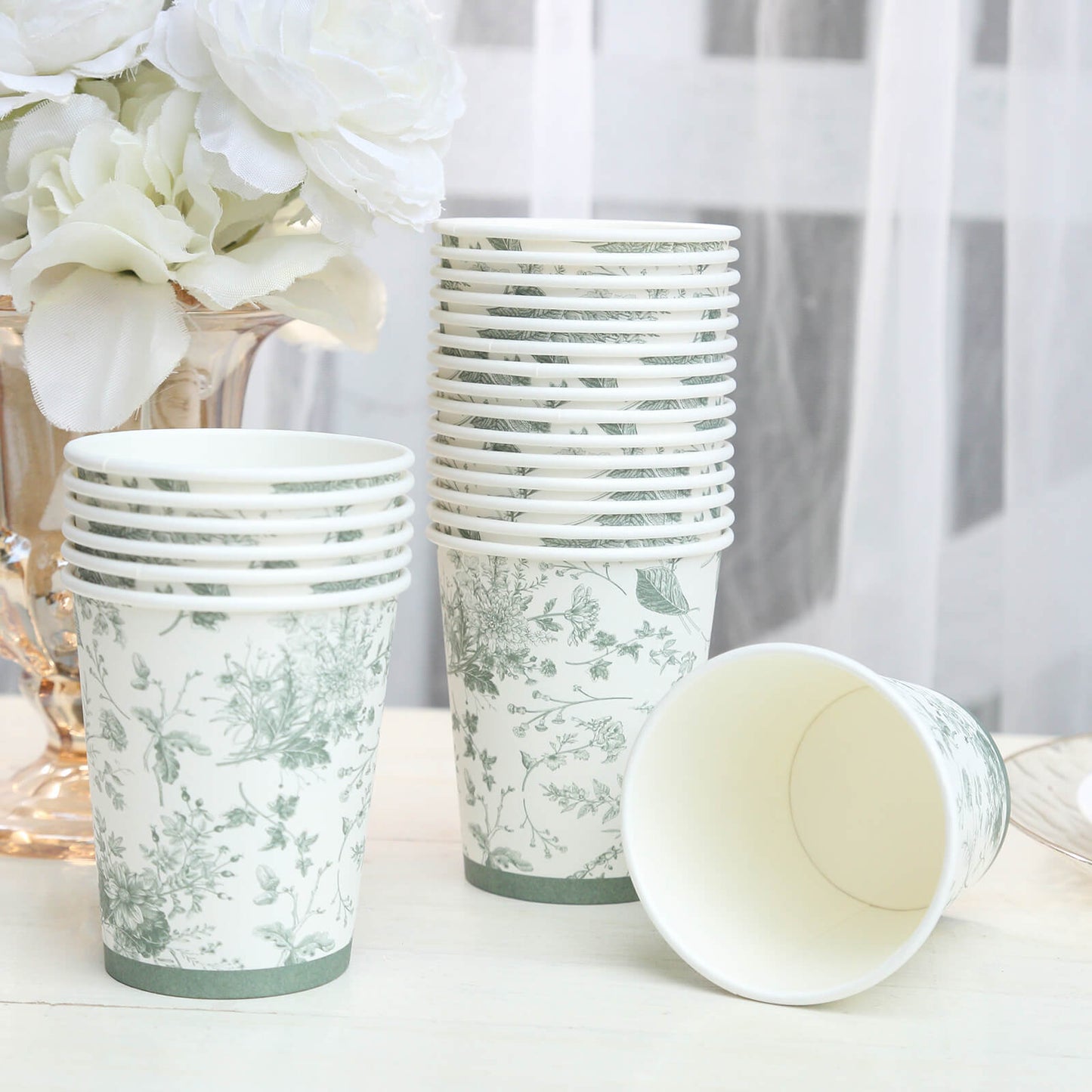 24 Pack White Sage Green French Toile Party Cups, Elegant Disposable Paper Cups - 9oz