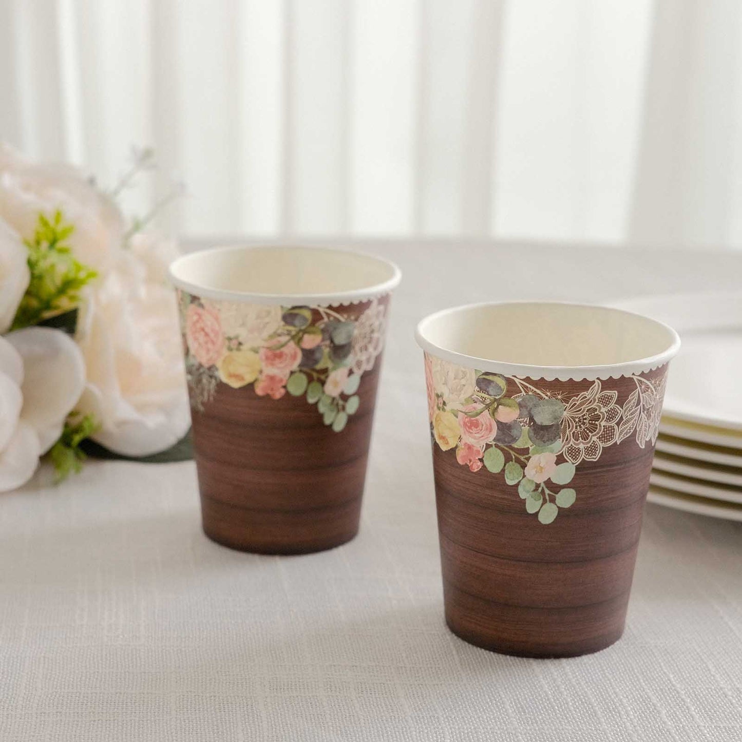 24 Pack Brown Rustic Wood Print Disposable Party Cups with Floral Lace Rim, 9oz Paper Cups