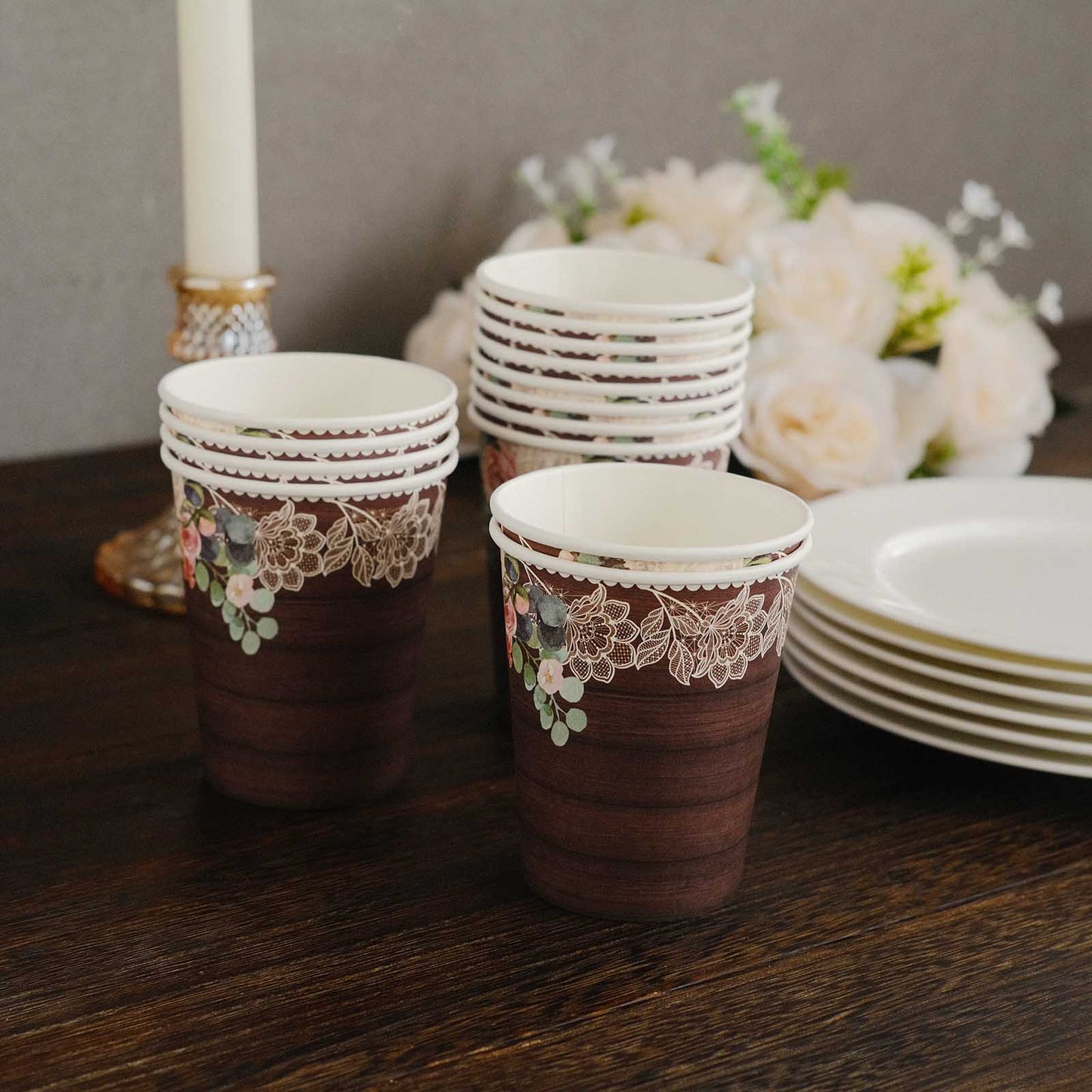 24 Pack Brown Rustic Wood Print Disposable Party Cups with Floral Lace Rim, 9oz Paper Cups