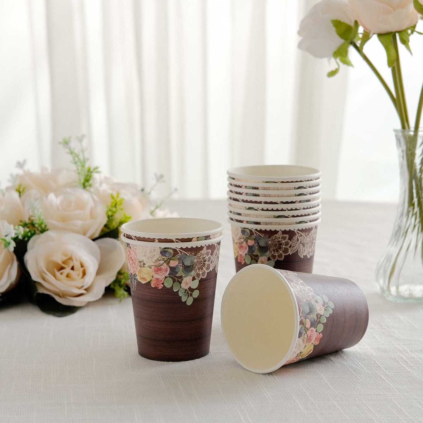 24 Pack Brown Rustic Wood Print Disposable Party Cups with Floral Lace Rim, 9oz Paper Cups