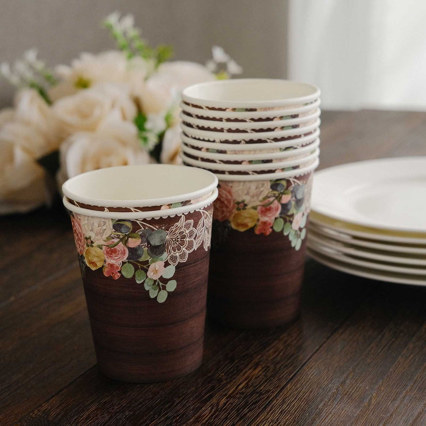 24 Pack Brown Rustic Wood Print Disposable Party Cups with Floral Lace Rim, 9oz Paper Cups