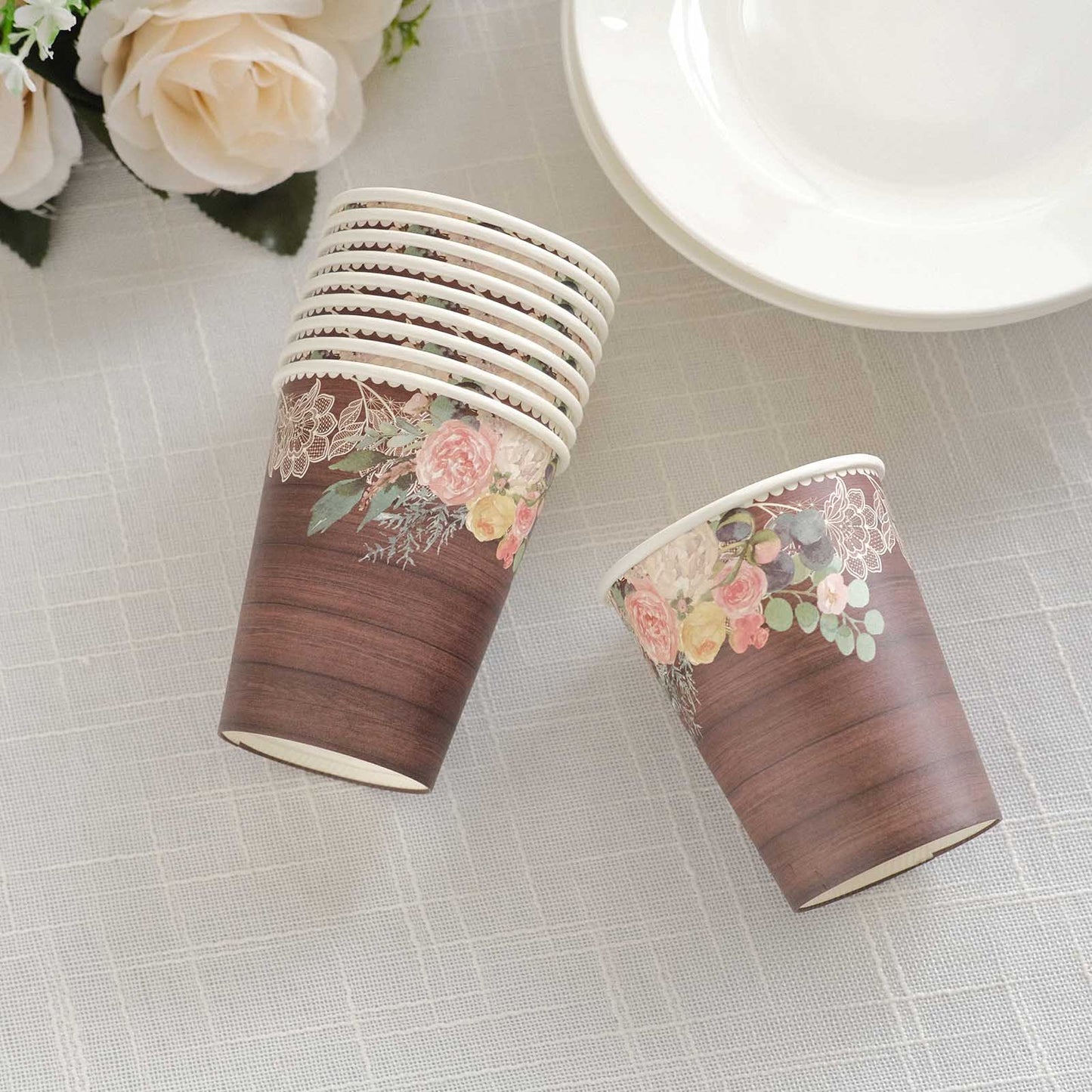 24 Pack Brown Rustic Wood Print Disposable Party Cups with Floral Lace Rim, 9oz Paper Cups