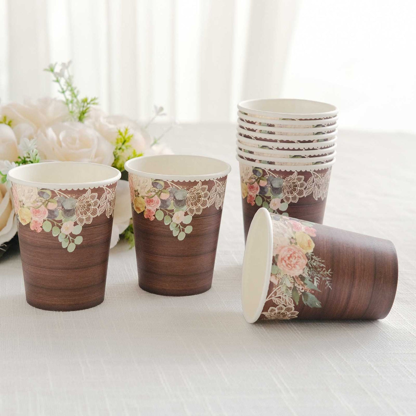 24 Pack Brown Rustic Wood Print Disposable Party Cups with Floral Lace Rim, 9oz Paper Cups