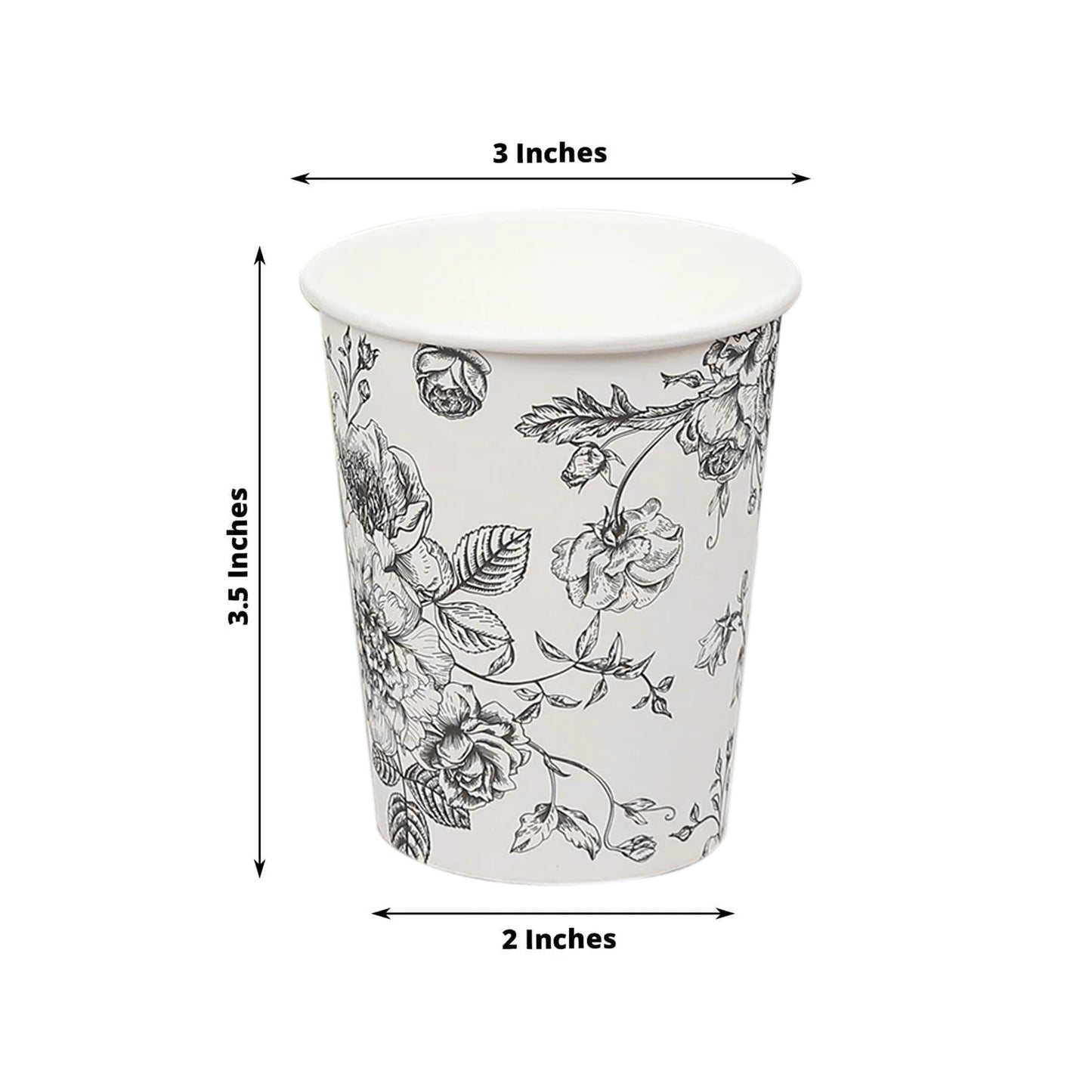 50-Pack Paper Cups in White with Black French Toile Print - Stylish Disposable Floral Party Cups for Weddings & All Purpose Use 9oz