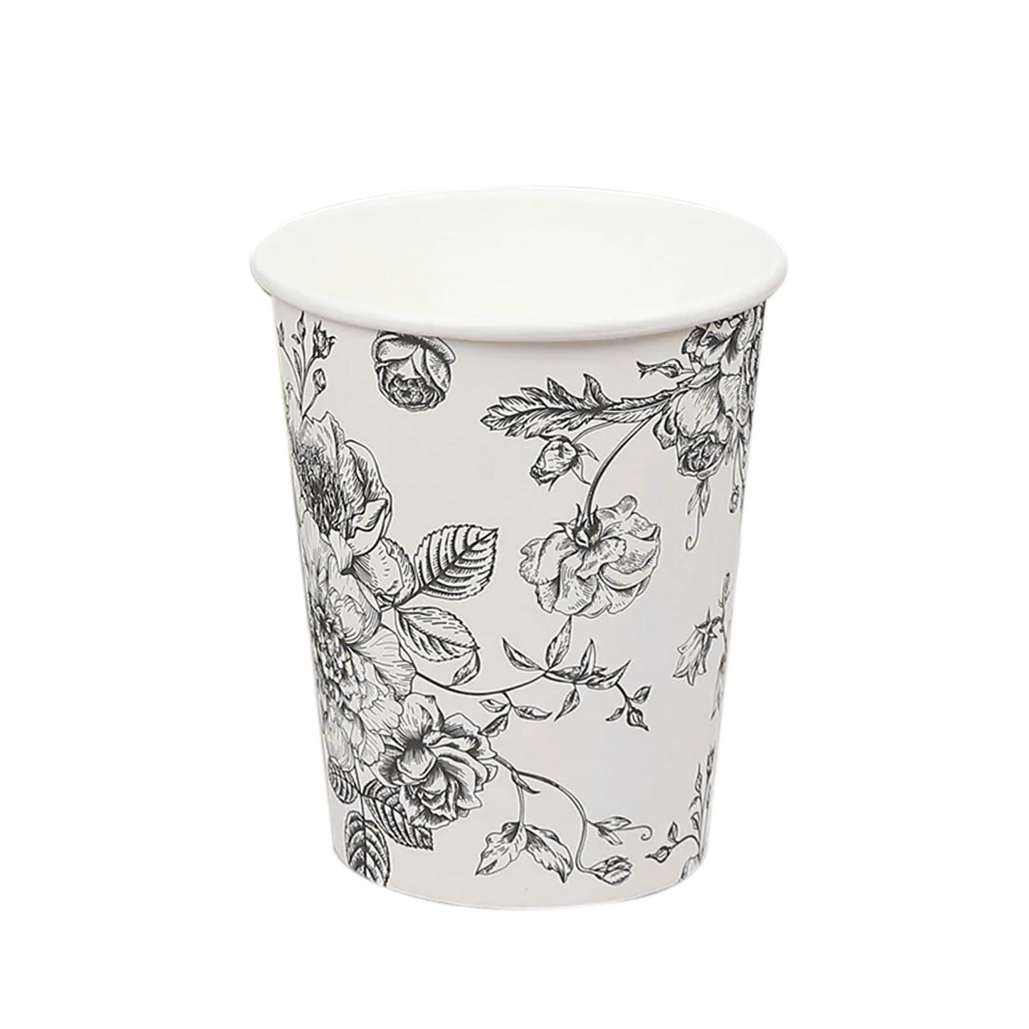 50-Pack Paper Cups in White with Black French Toile Print - Stylish Disposable Floral Party Cups for Weddings & All Purpose Use 9oz