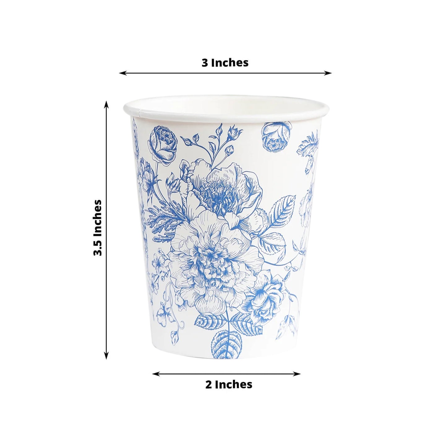 50-Pack Paper Cups in White with Blue French Toile Print - Stylish Disposable Floral Party Cups for Weddings & All Purpose Use 9oz