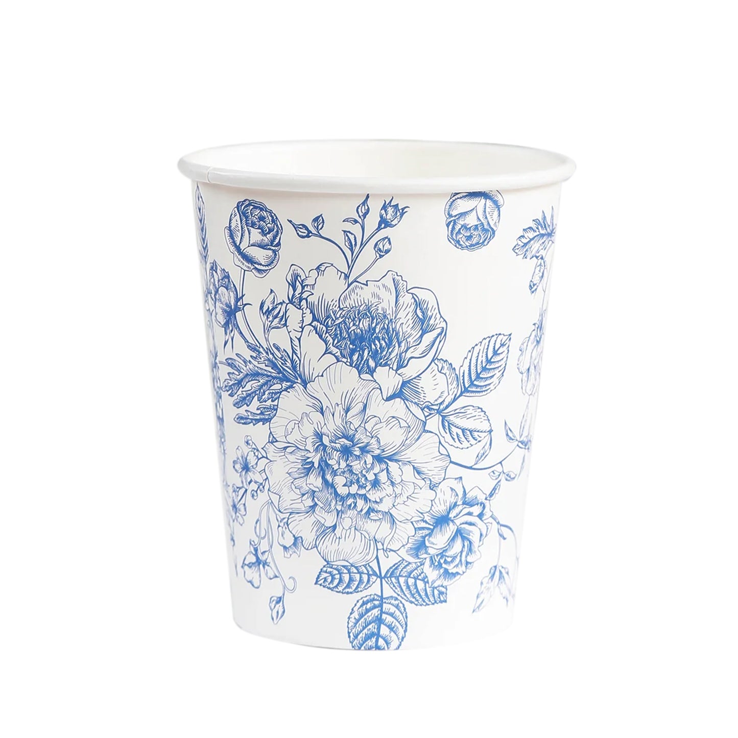50-Pack Paper Cups in White with Blue French Toile Print - Stylish Disposable Floral Party Cups for Weddings & All Purpose Use 9oz