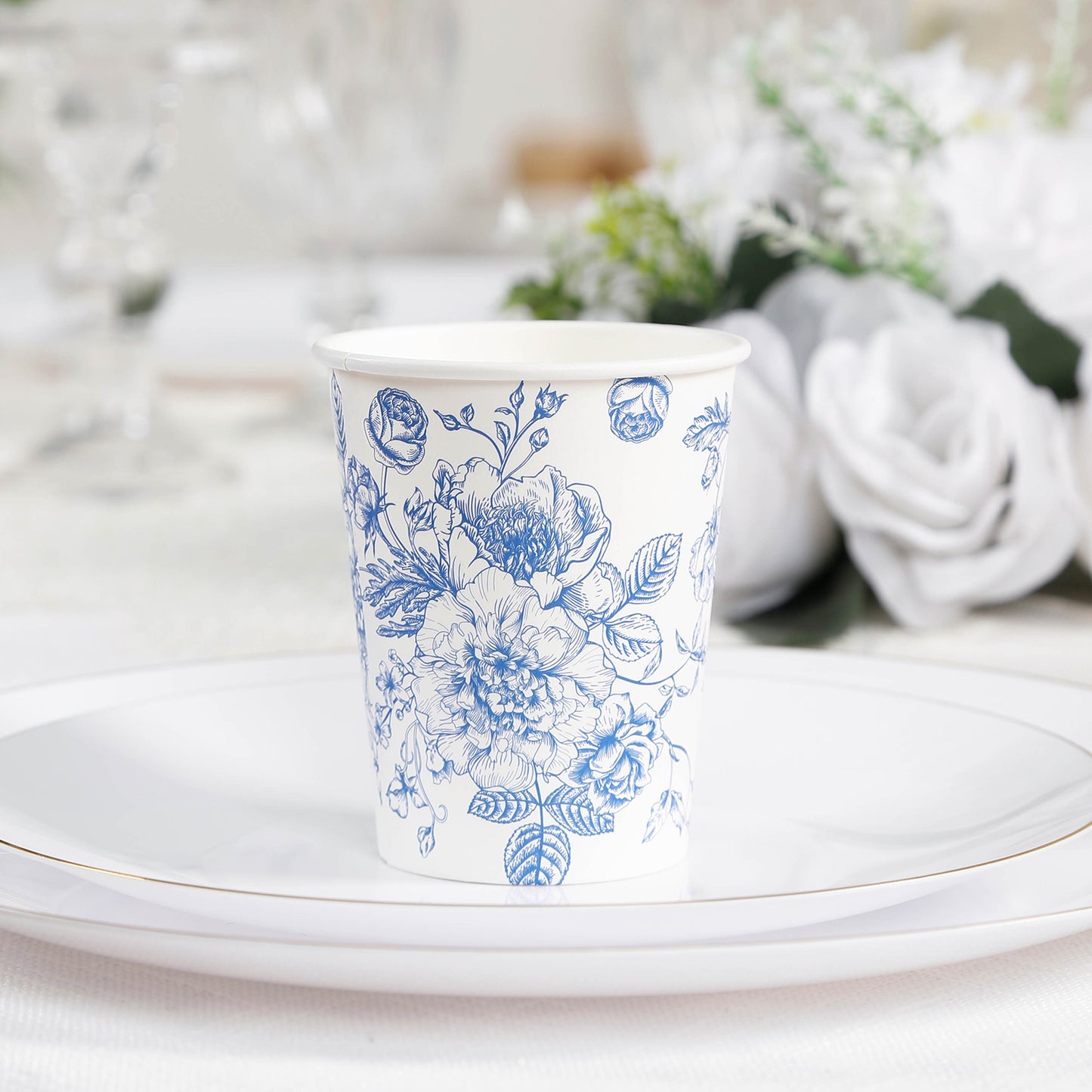 50-Pack Paper Cups in White with Blue French Toile Print - Stylish Disposable Floral Party Cups for Weddings & All Purpose Use 9oz
