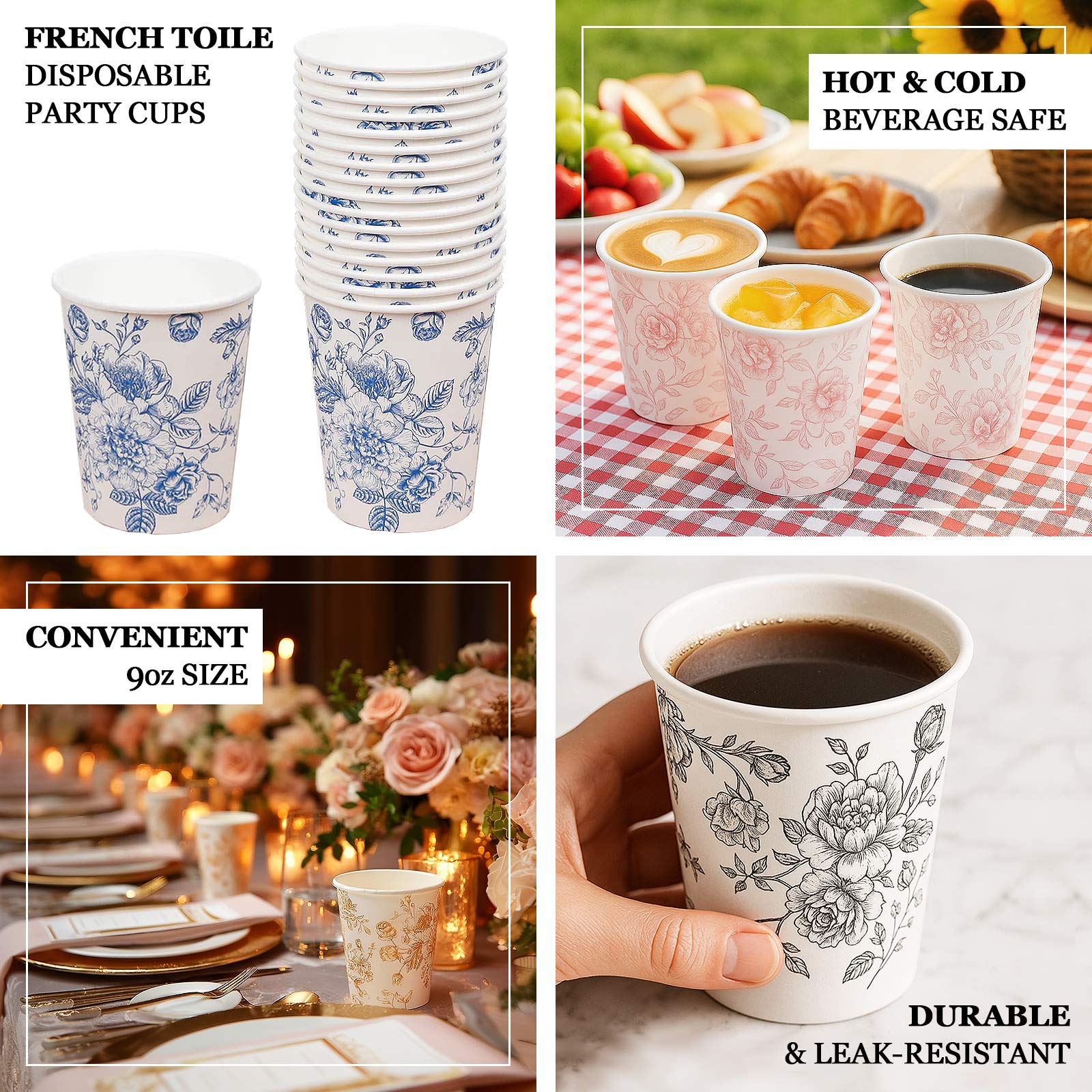 50-Pack Paper Cups French Toile Print - Stylish Disposable Floral Party Cups 9oz