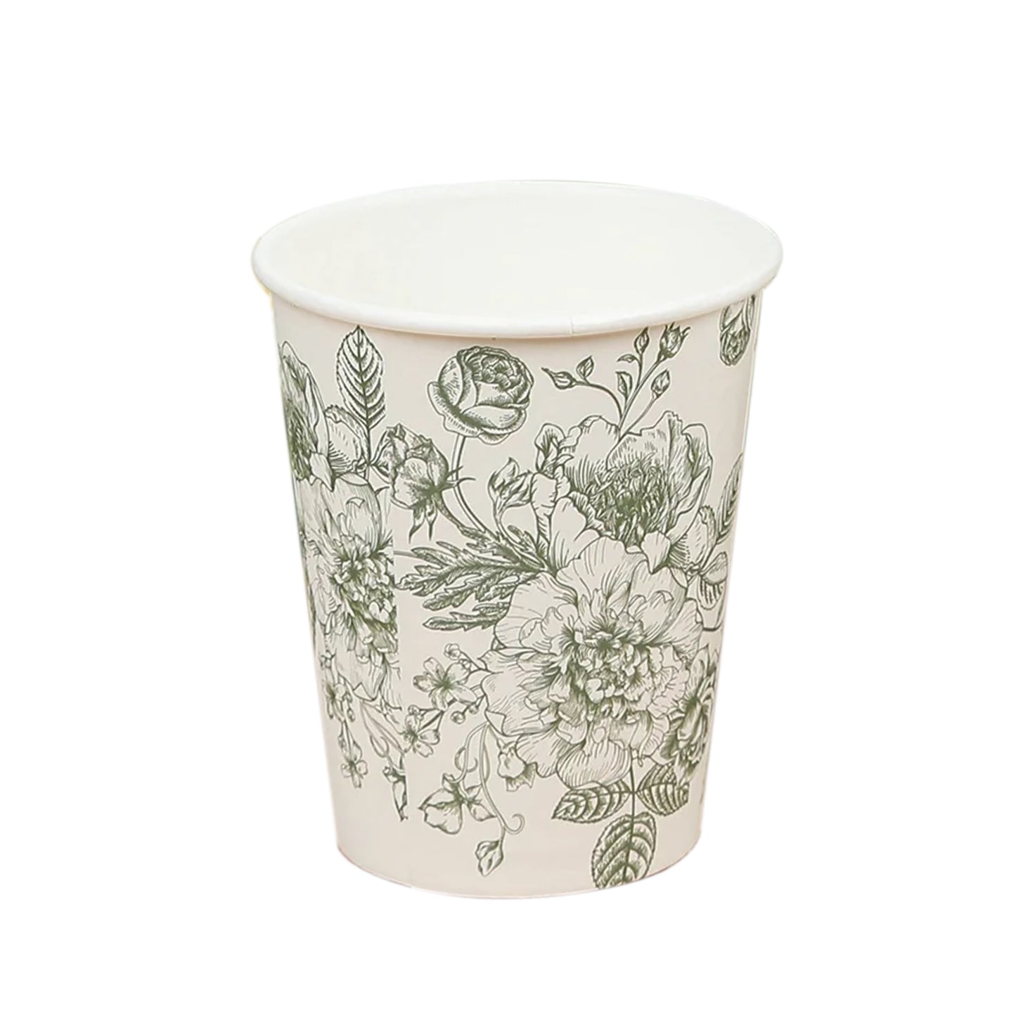 50-Pack Paper Cups in White with Sage Green French Toile Print - Stylish Disposable Floral Party Cups for Weddings & All Purpose Use 9oz
