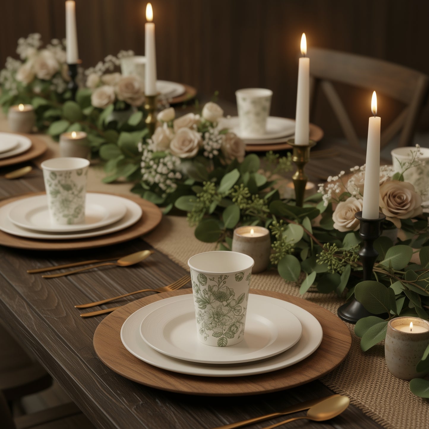 50-Pack Paper Cups in White with Sage Green French Toile Print - Stylish Disposable Floral Party Cups for Weddings & All Purpose Use 9oz