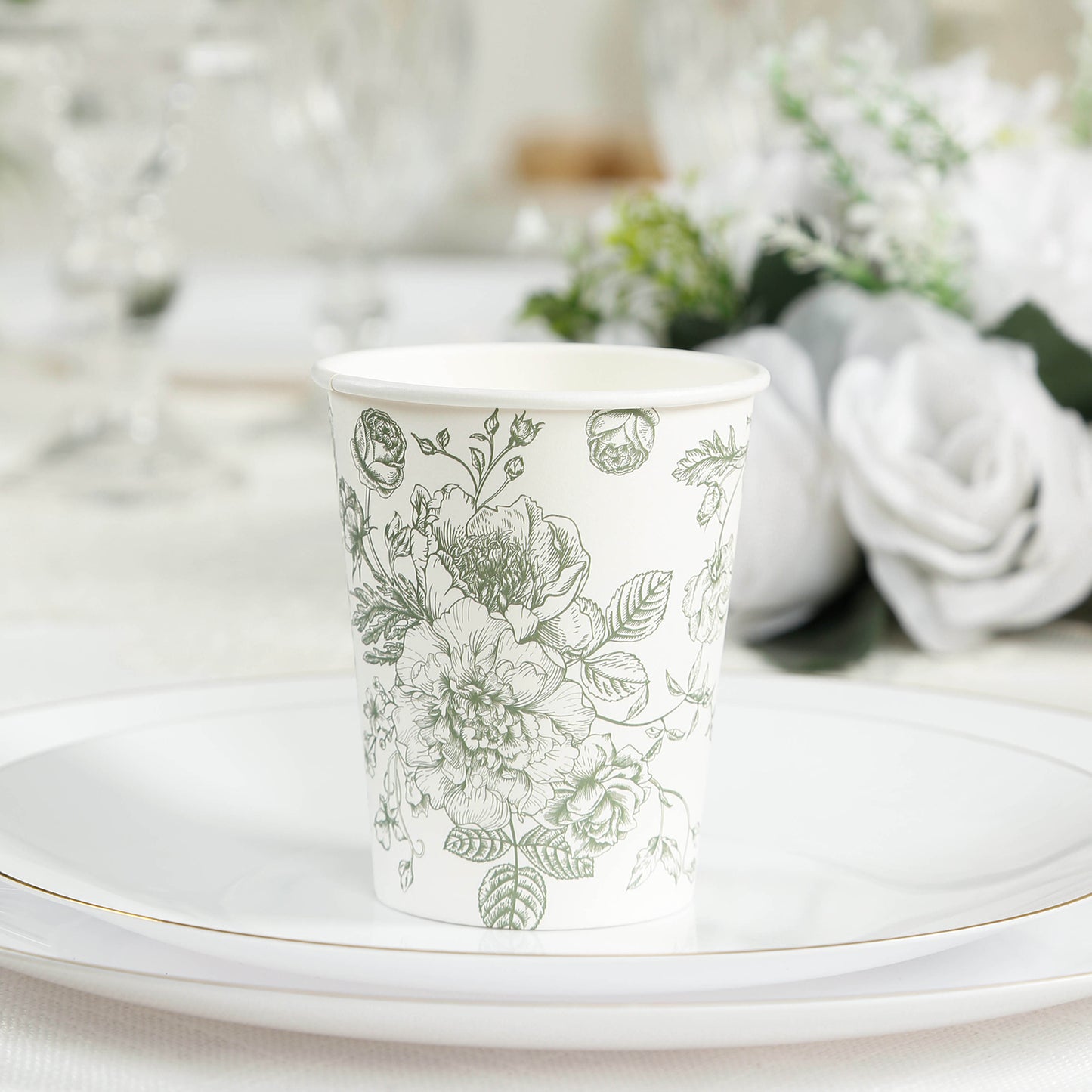 50-Pack Paper Cups in White with Sage Green French Toile Print - Stylish Disposable Floral Party Cups for Weddings & All Purpose Use 9oz