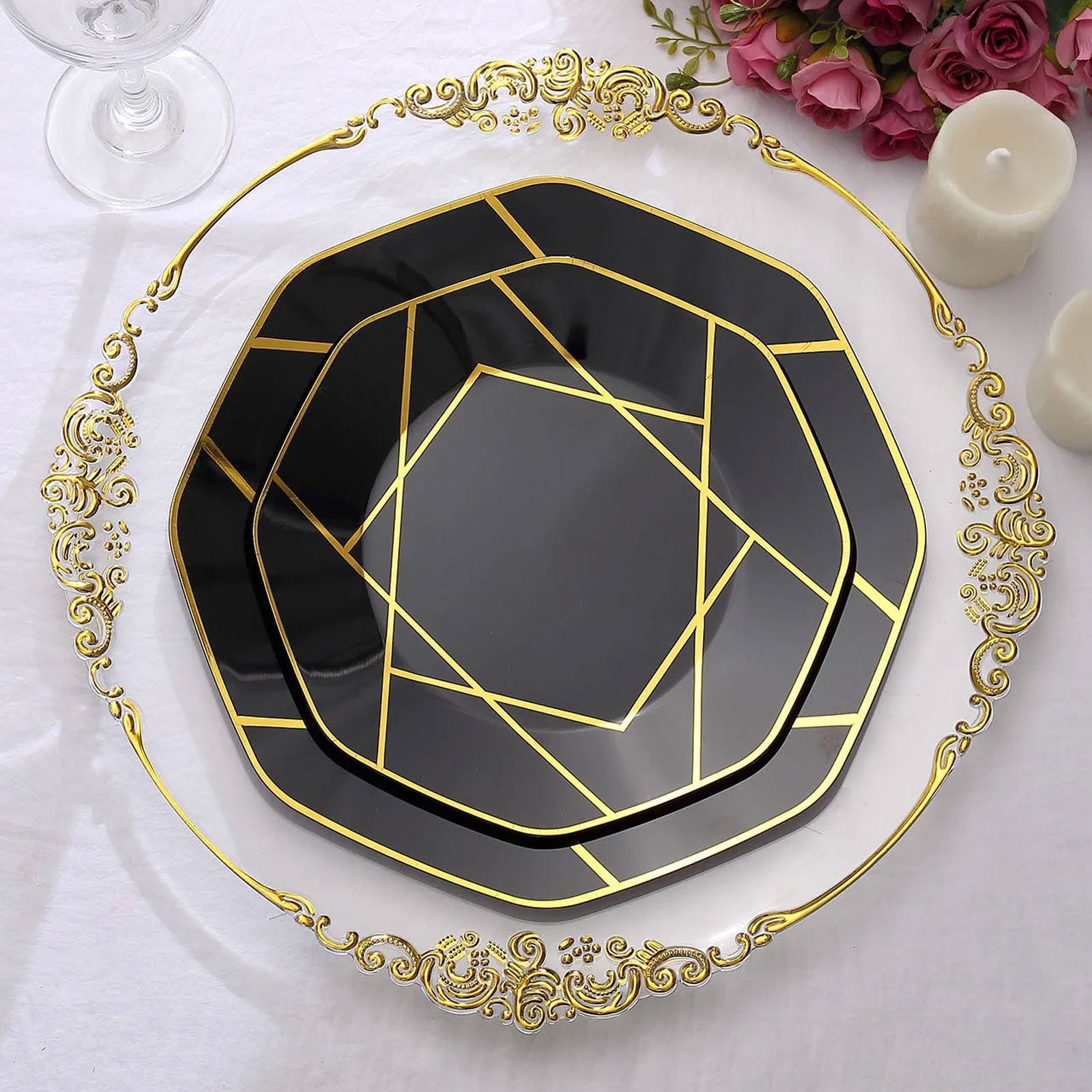Black and gold geometric design disposable octagon dinner plates.