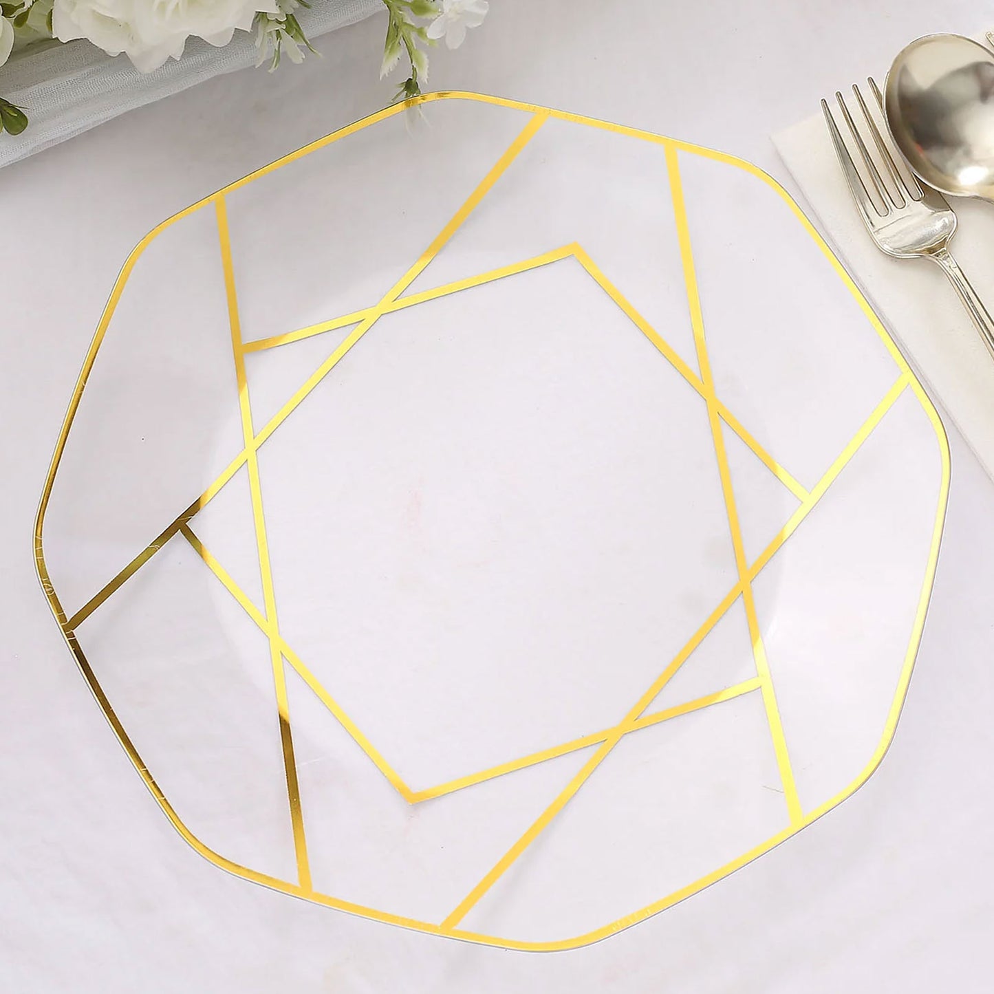 10" Clear and Gold Geometric Design Disposable Octagon Party Plate