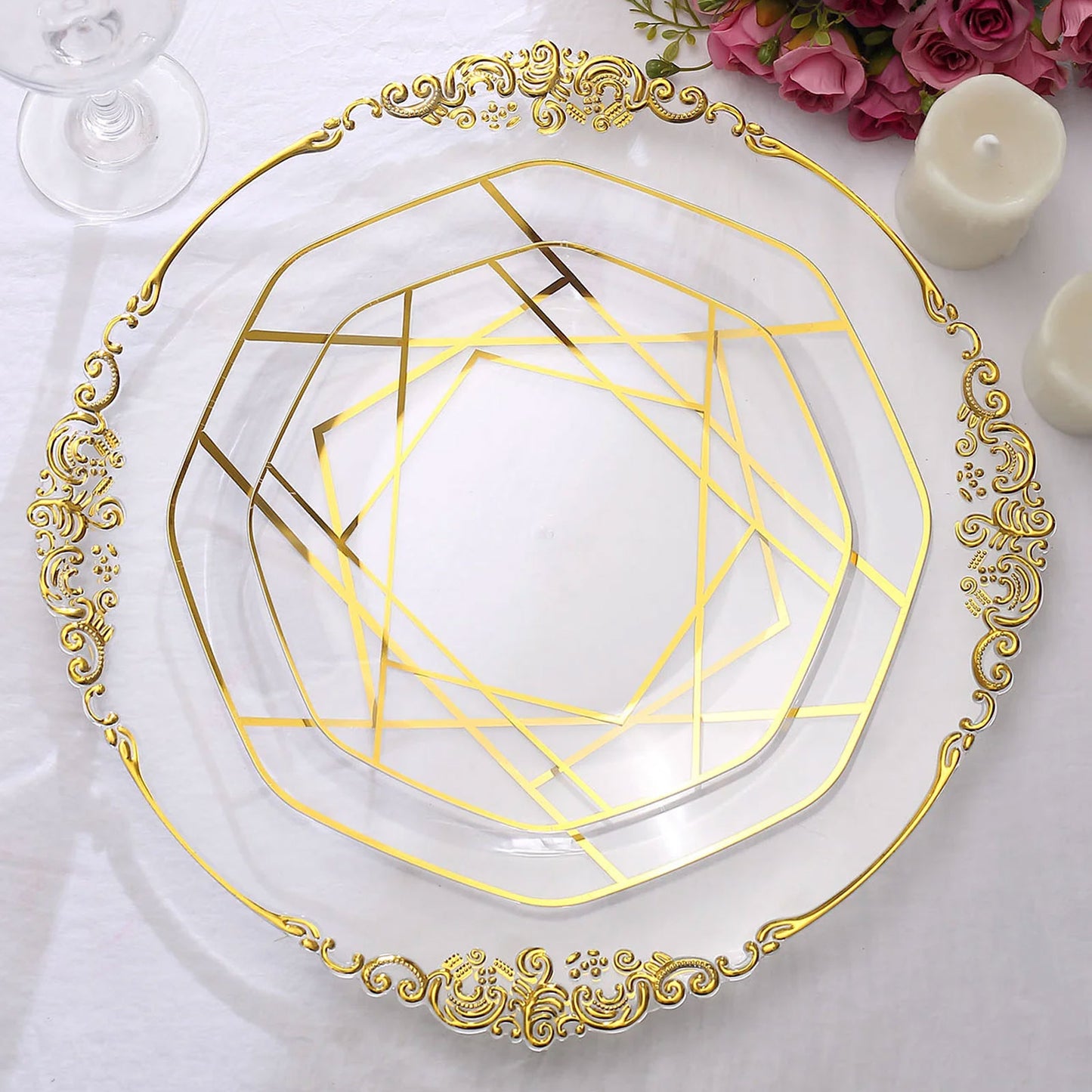 Clear and gold geometric design plastic dinner plates, octagon shape, 10 pack.