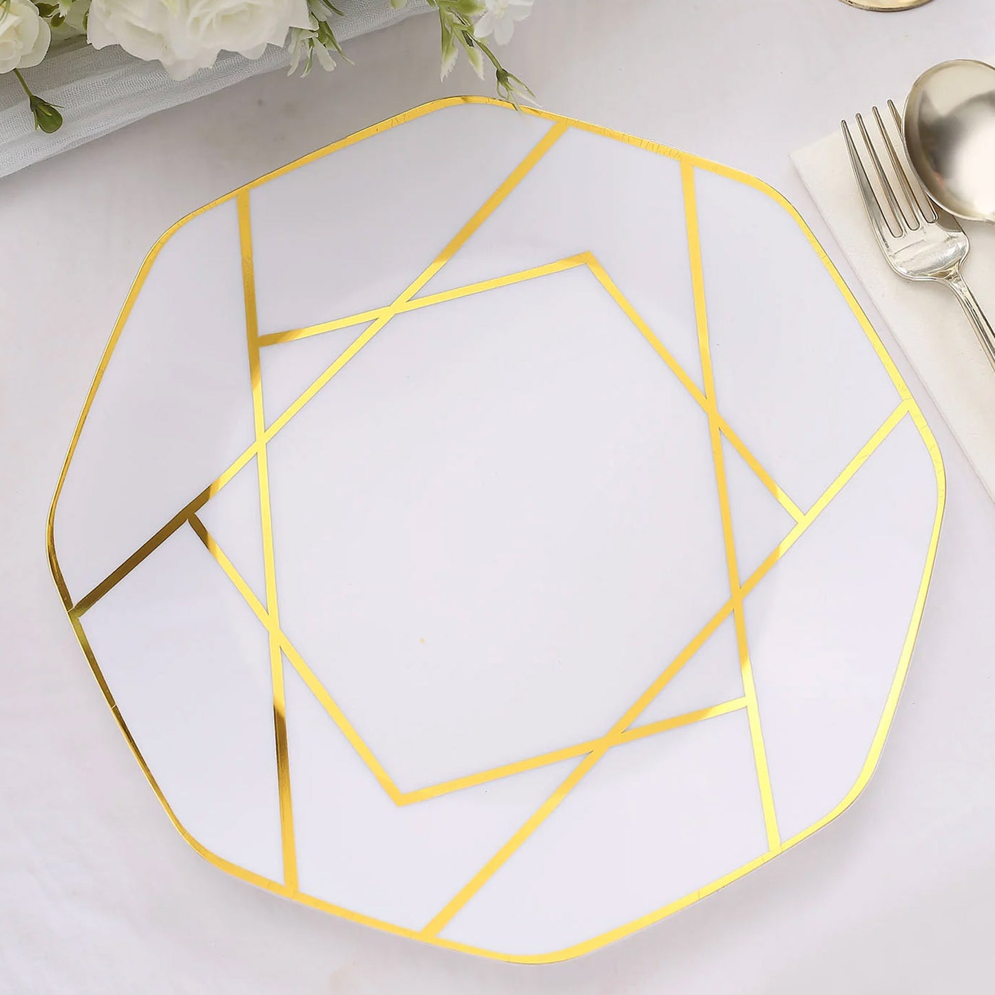 10" White and Gold Geometric Design Disposable Octagon Dinner Plate