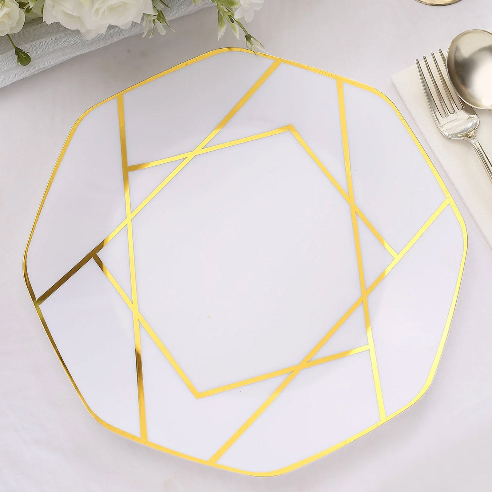 10" White and Gold Geometric Design Disposable Octagon Dinner Plate