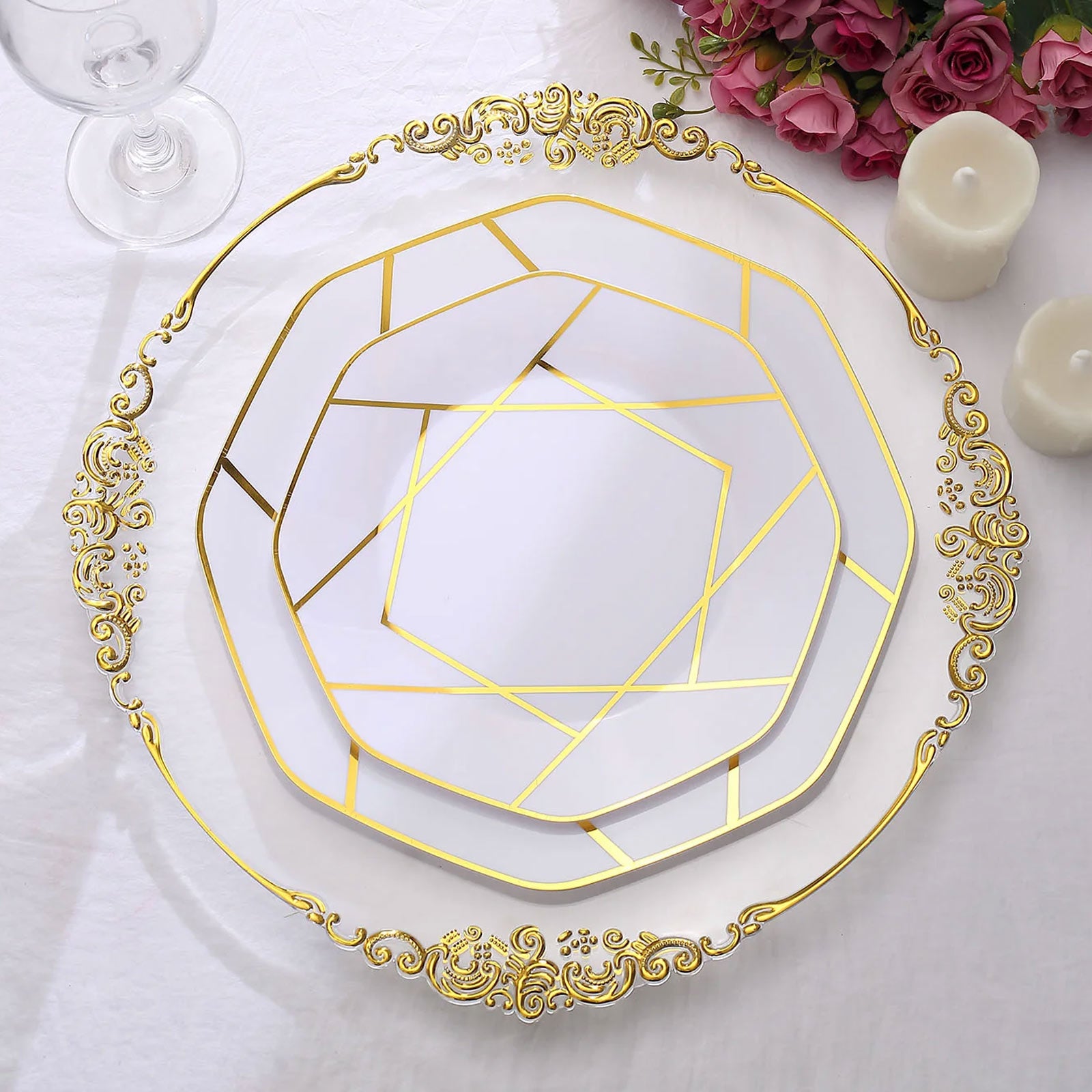 10" White and Gold Geometric Design Disposable Octagon Dinner Plates