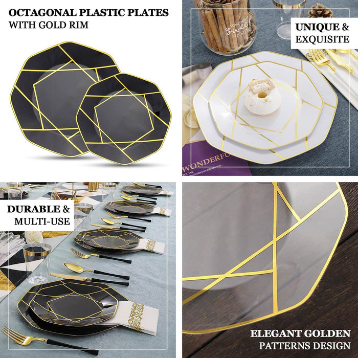 8" black and gold geometric design disposable dessert plates.