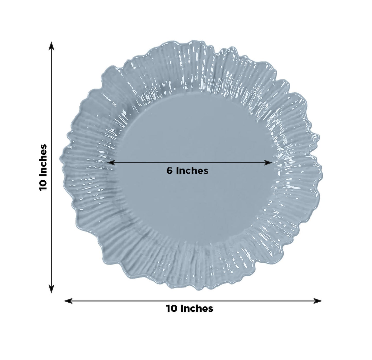 Dusty blue plastic dinner plate with a decorative edge, 10 inches in size.