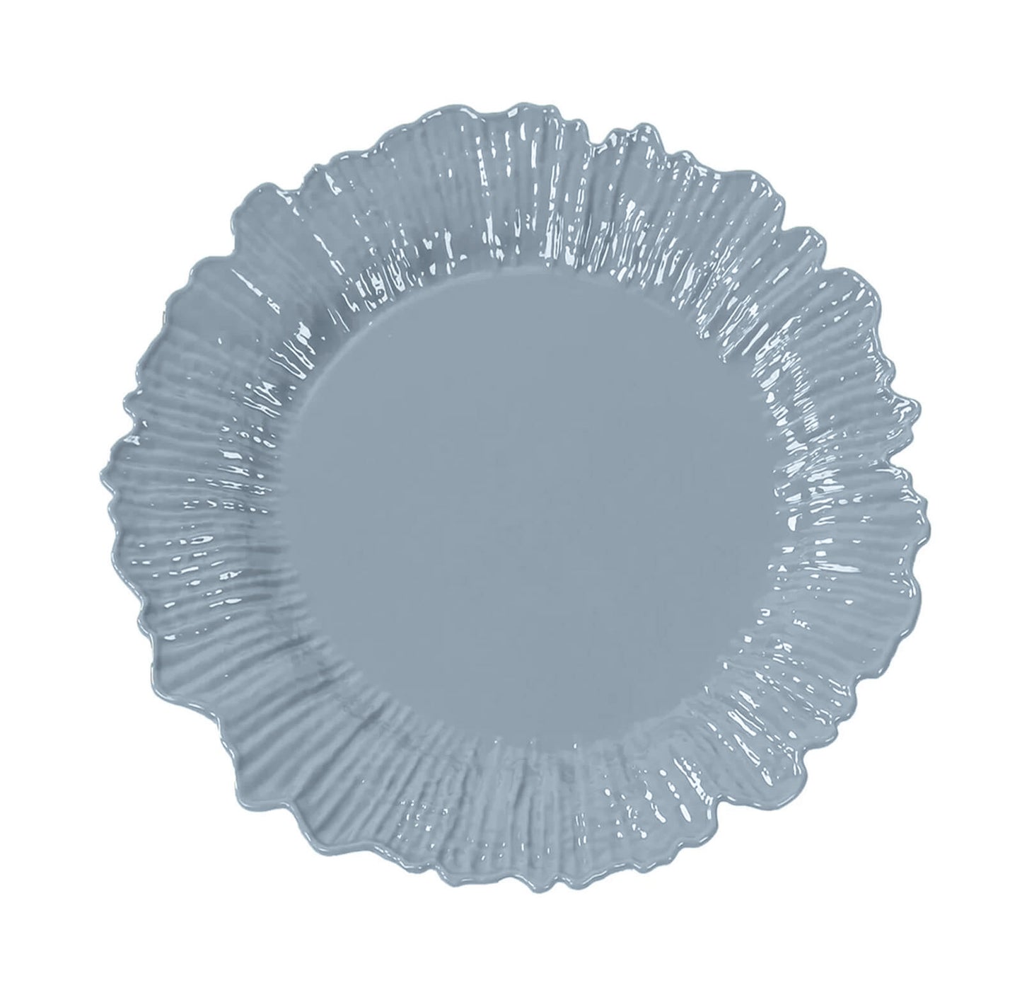 Dusty blue plastic dinner plate with an elegant reef design.