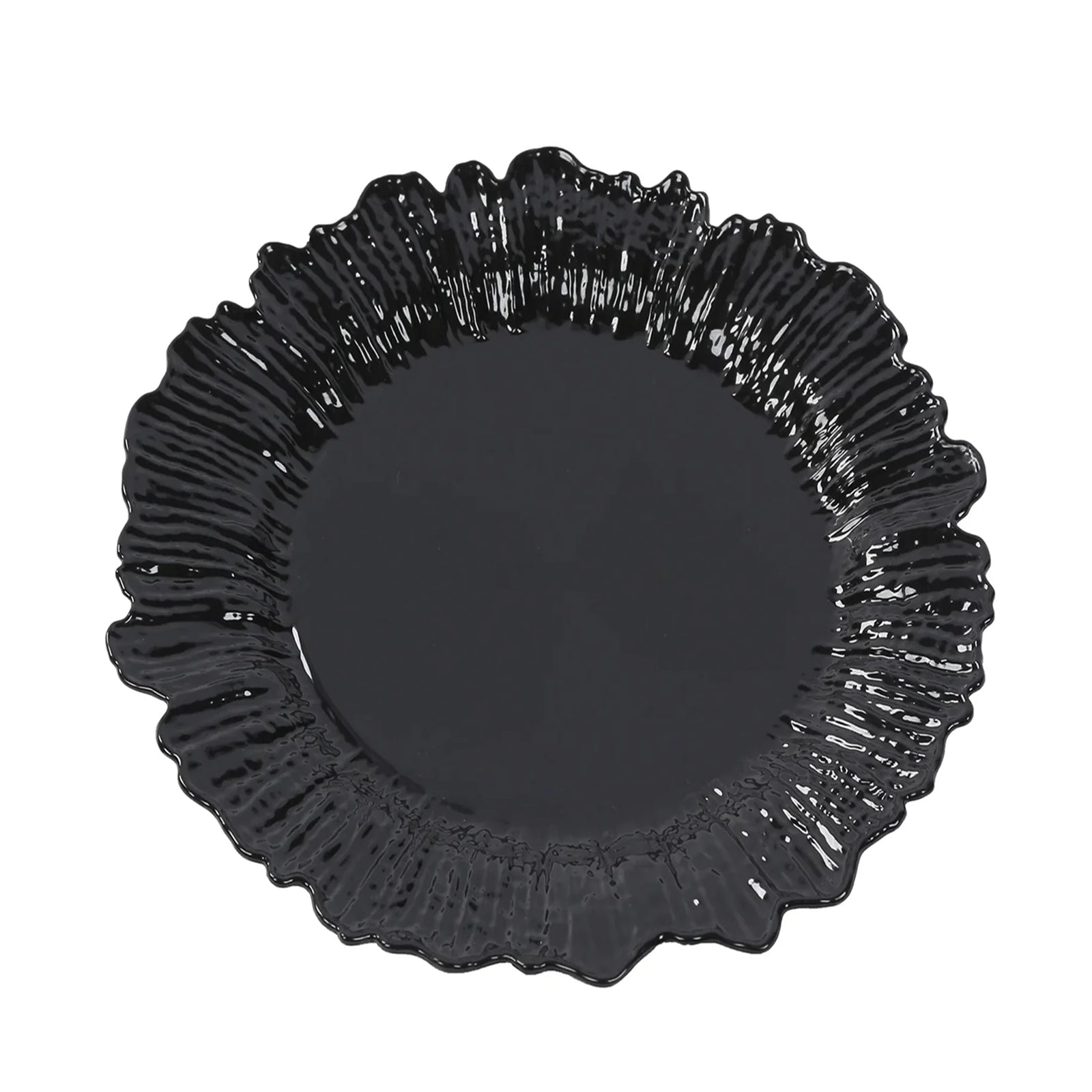Black plastic dinner plate with a reef design.