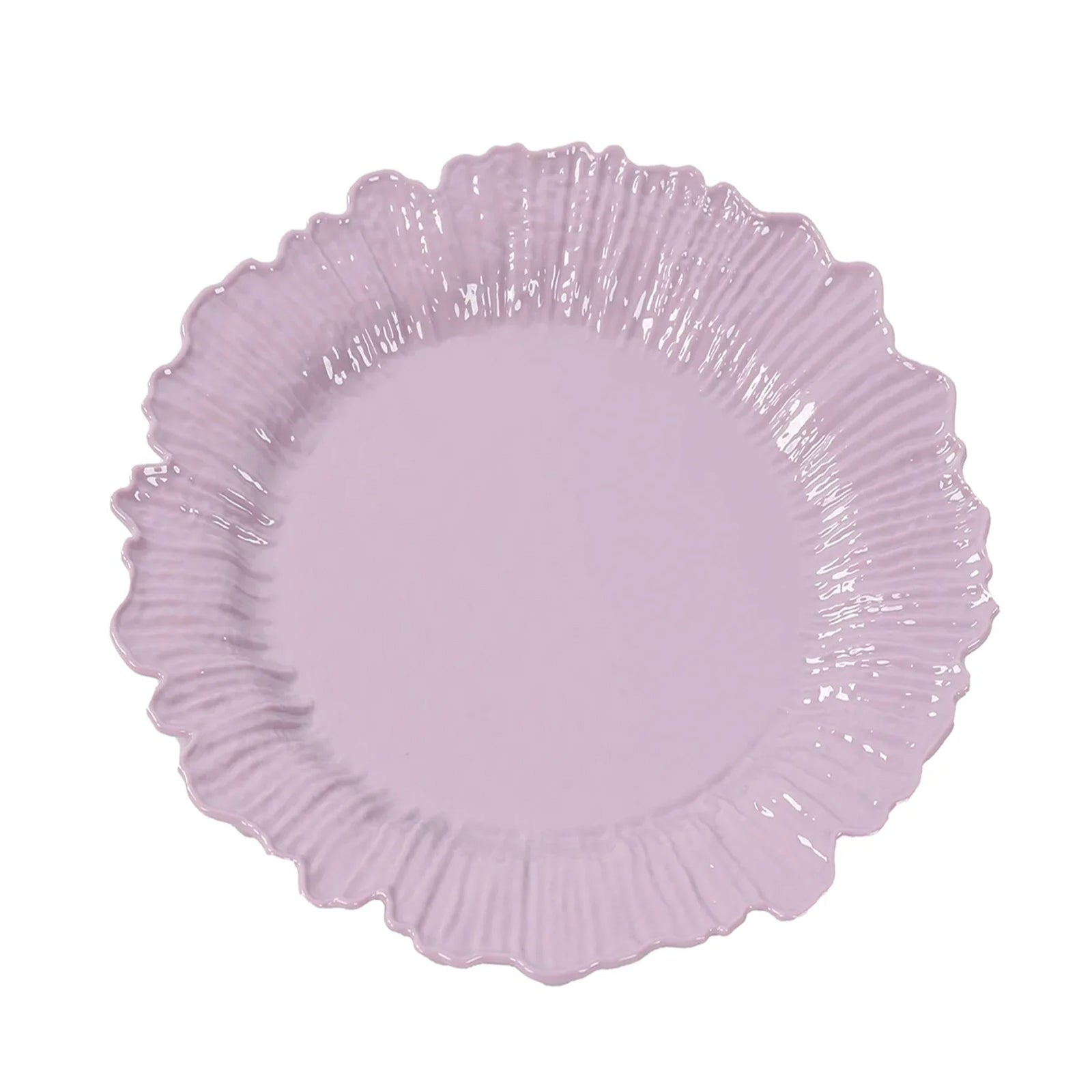 Lavender plastic dinner plate with elegant reef design.